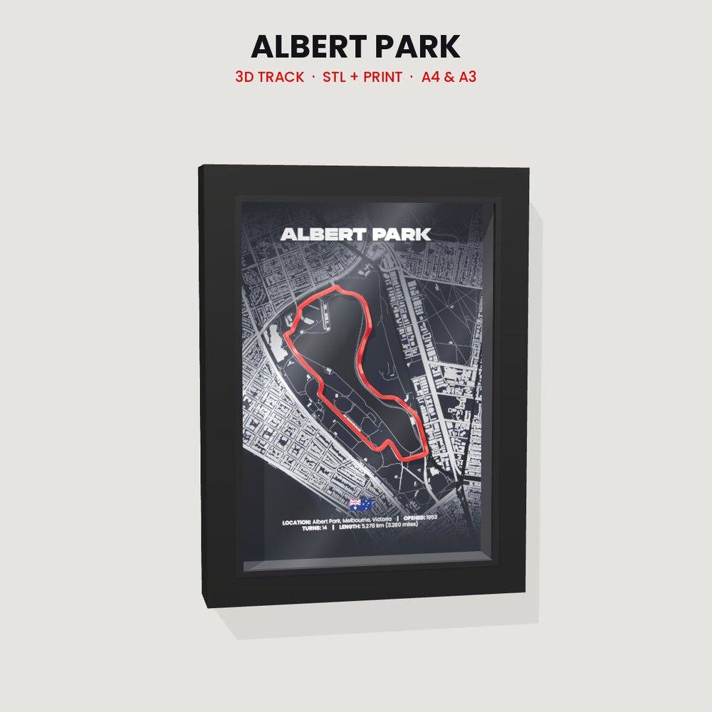 Albert Park 3D track in a black shadow box frame