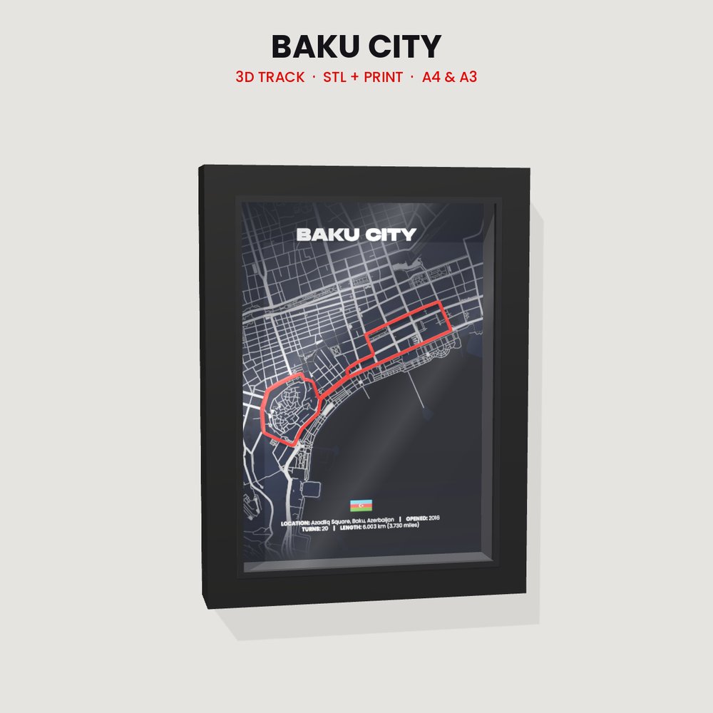 Baku City 3D track in a black shadow box frame