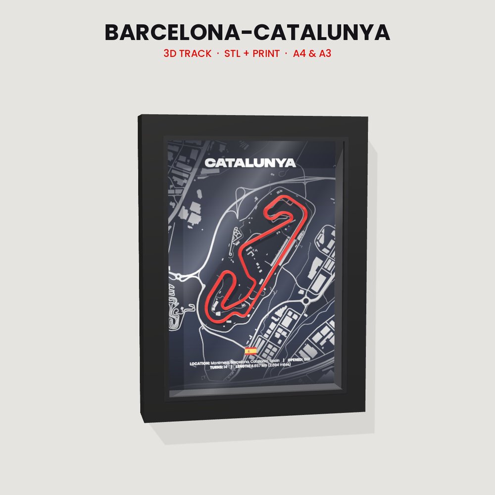 Barcelona-Catalunya 3D track in a black shadow box frame