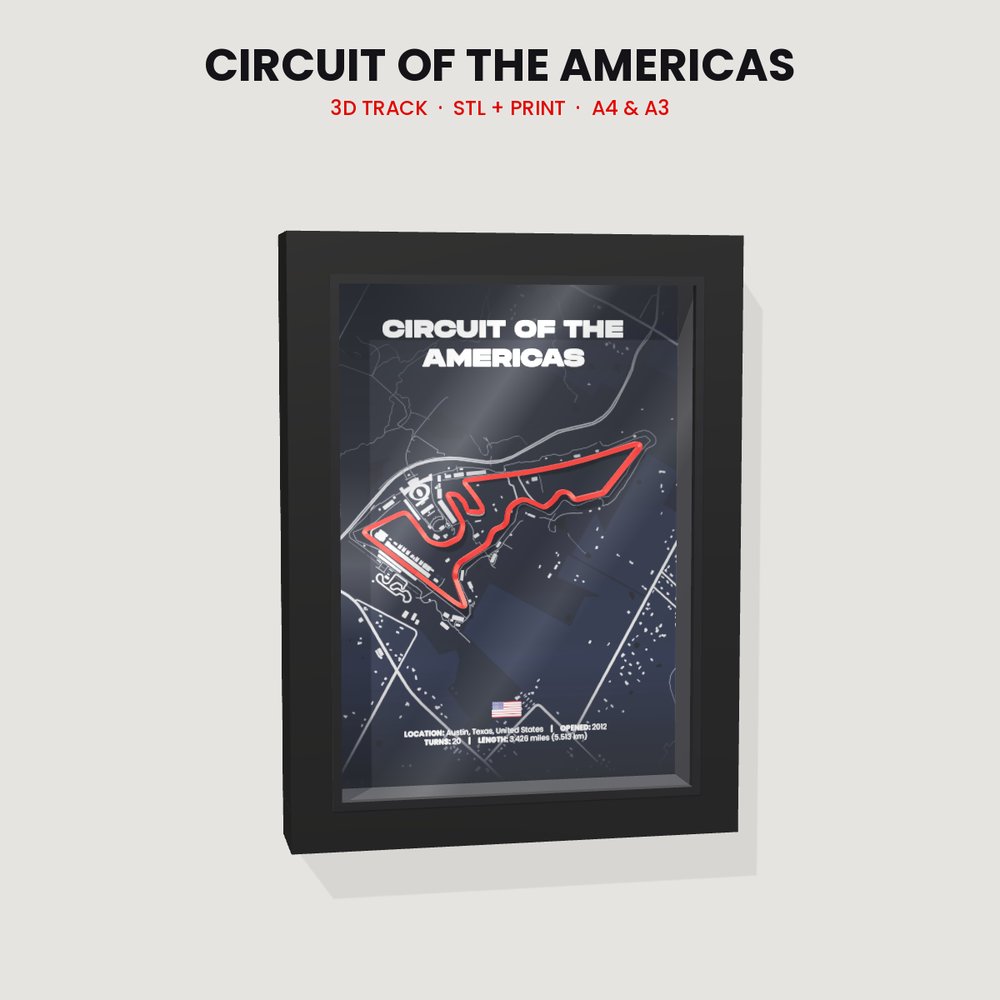 Circuit of the Americas 3D track in a black shadow box frame