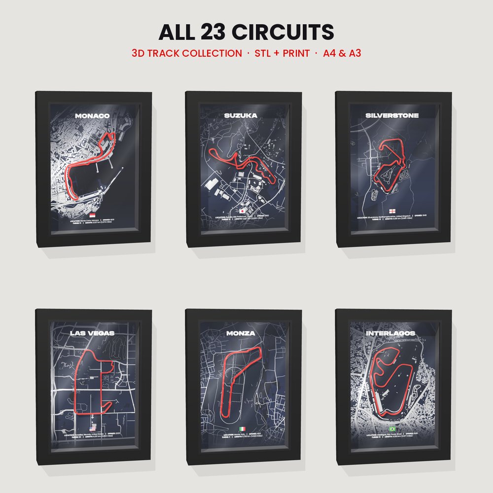 All circuits 3D track in a black shadow box frame