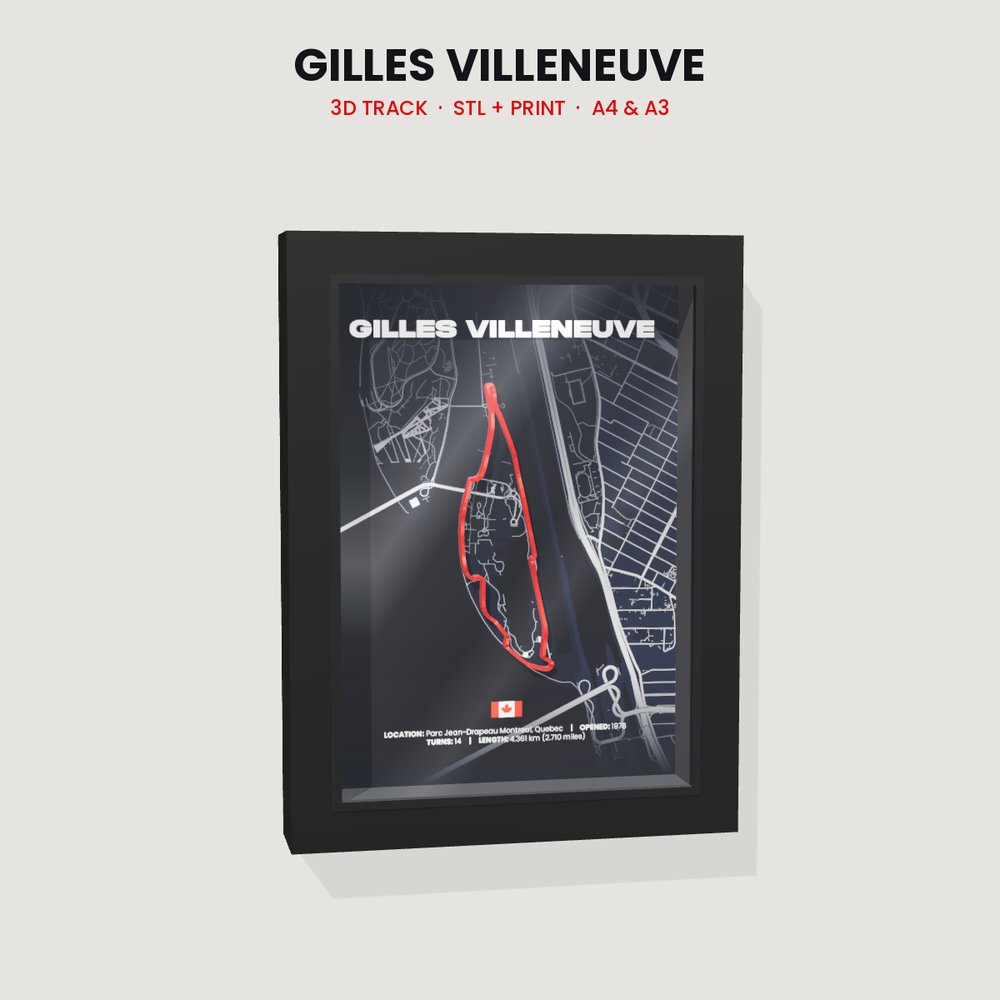 Gilles Villeneuve 3D track in a black shadow box frame
