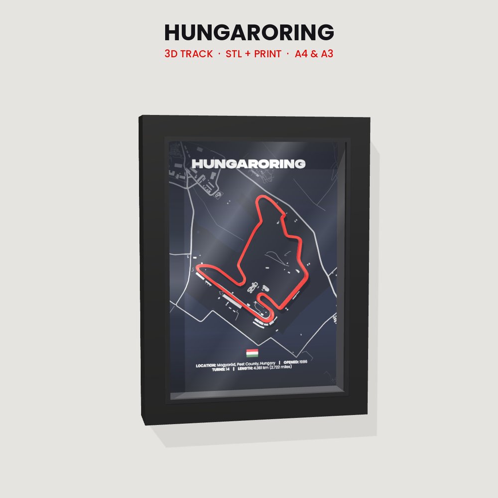 Hungaroring 3D track in a black shadow box frame