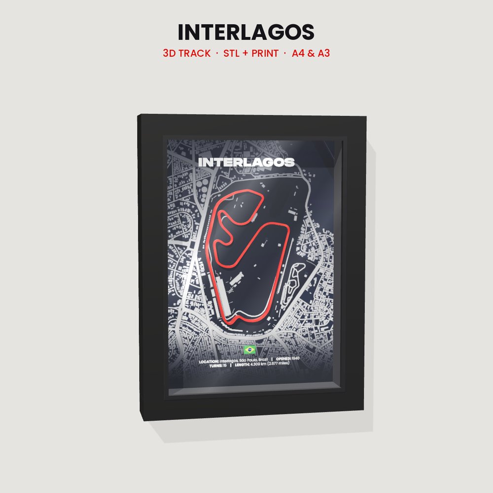 Interlagos 3D track in a black shadow box frame