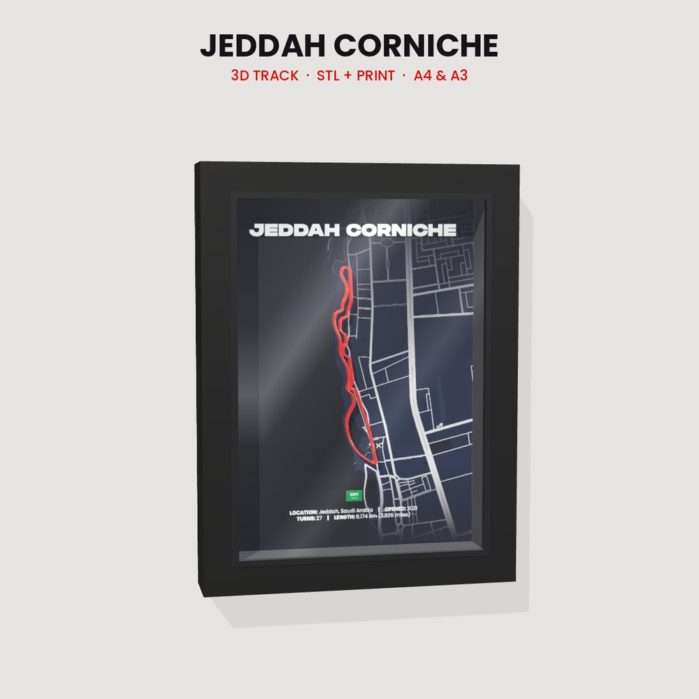 Jeddah Corniche 3D track in a black shadow box frame