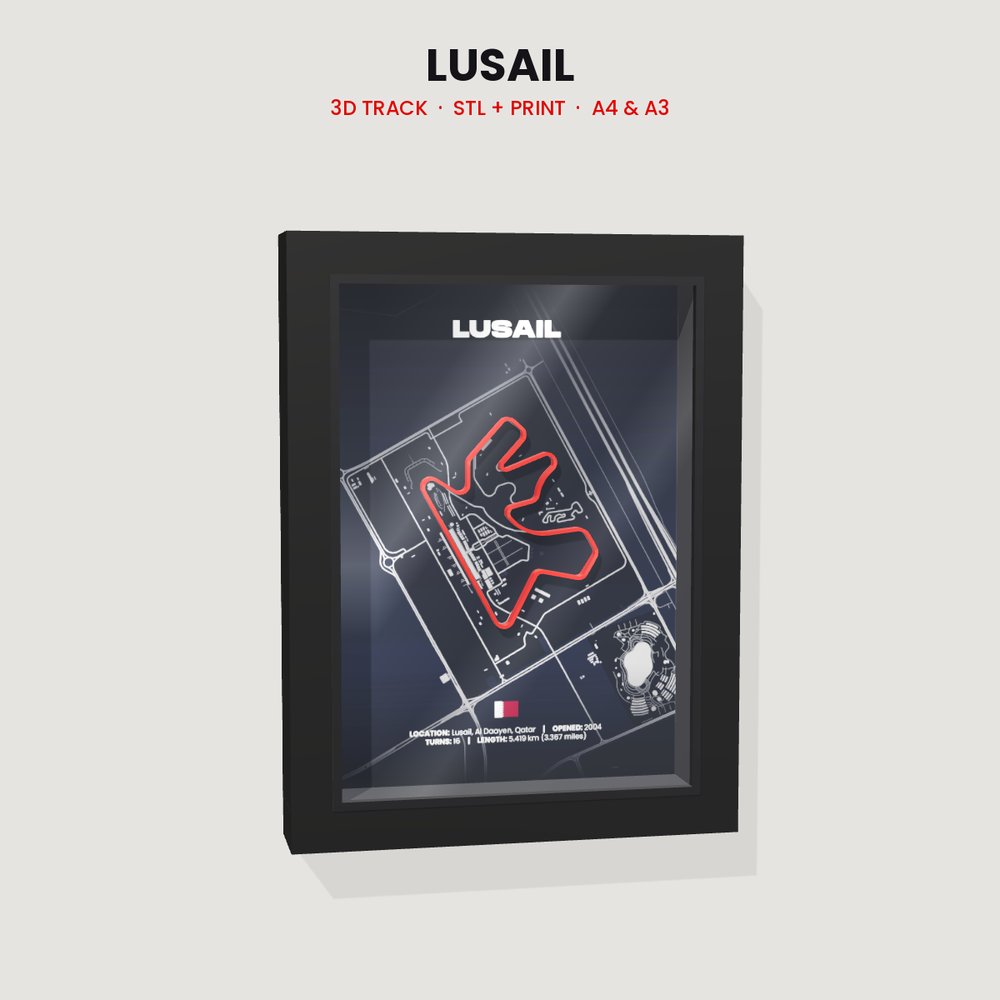 Lusail 3D track in a black shadow box frame