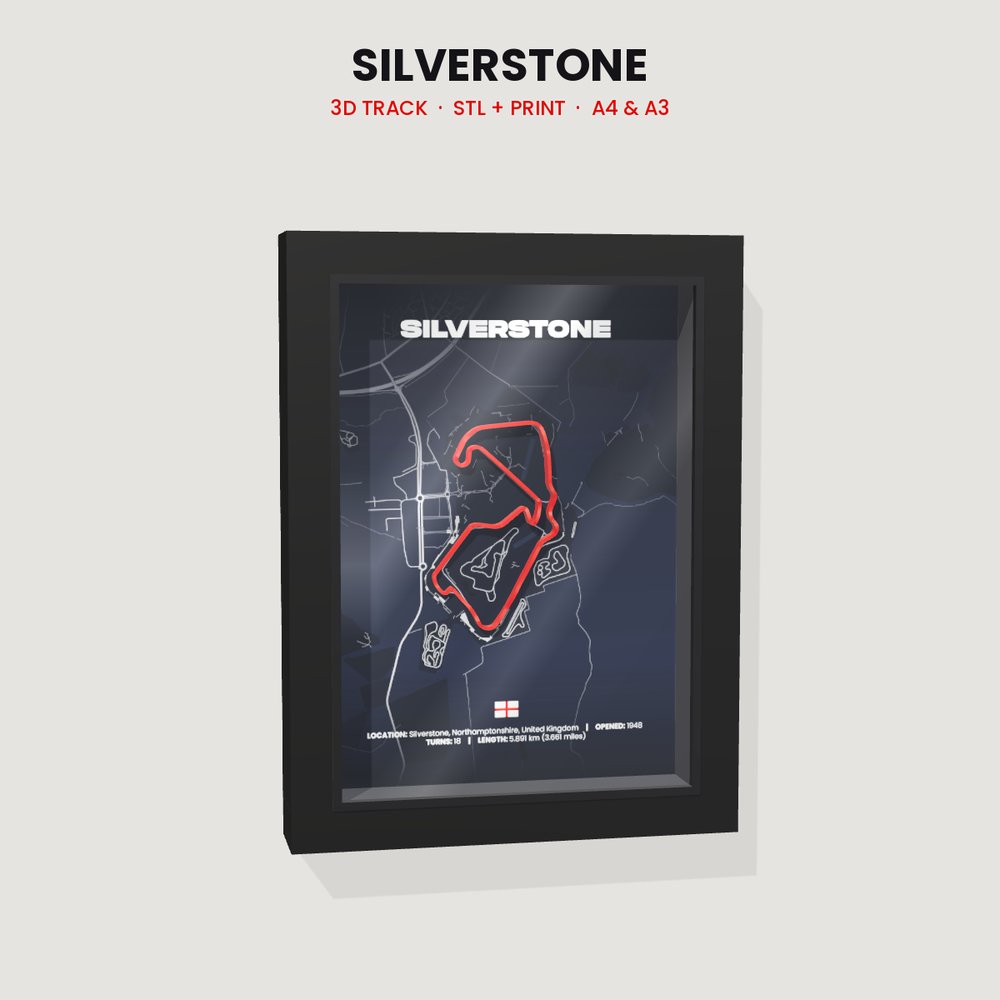 Silverstone 3D track in a black shadow box frame