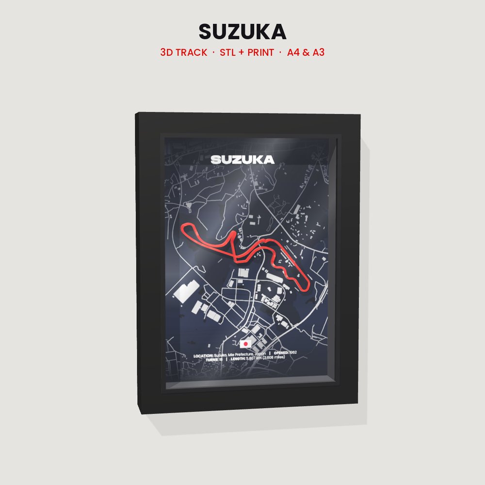 Suzuka 3D track in a black shadow box frame