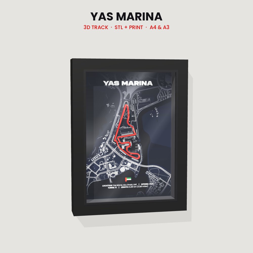 Yas Marina 3D track in a black shadow box frame