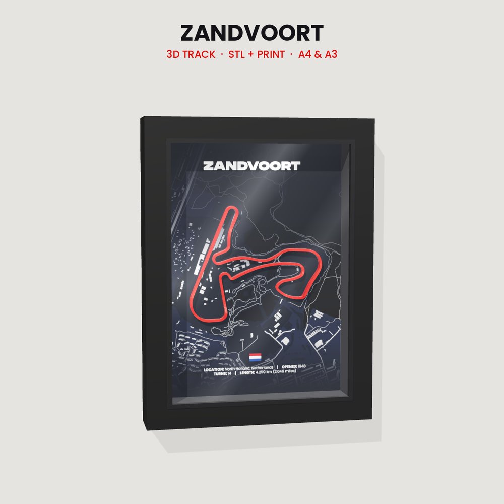 Zandvoort 3D track in a black shadow box frame