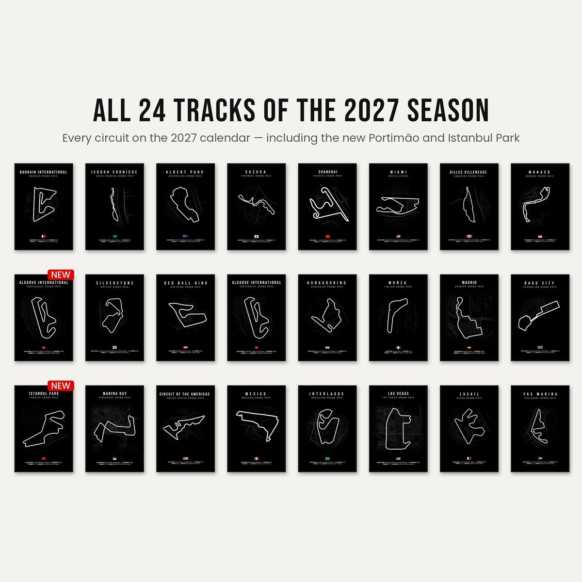 All 24 F1 tracks 2027 season black posters