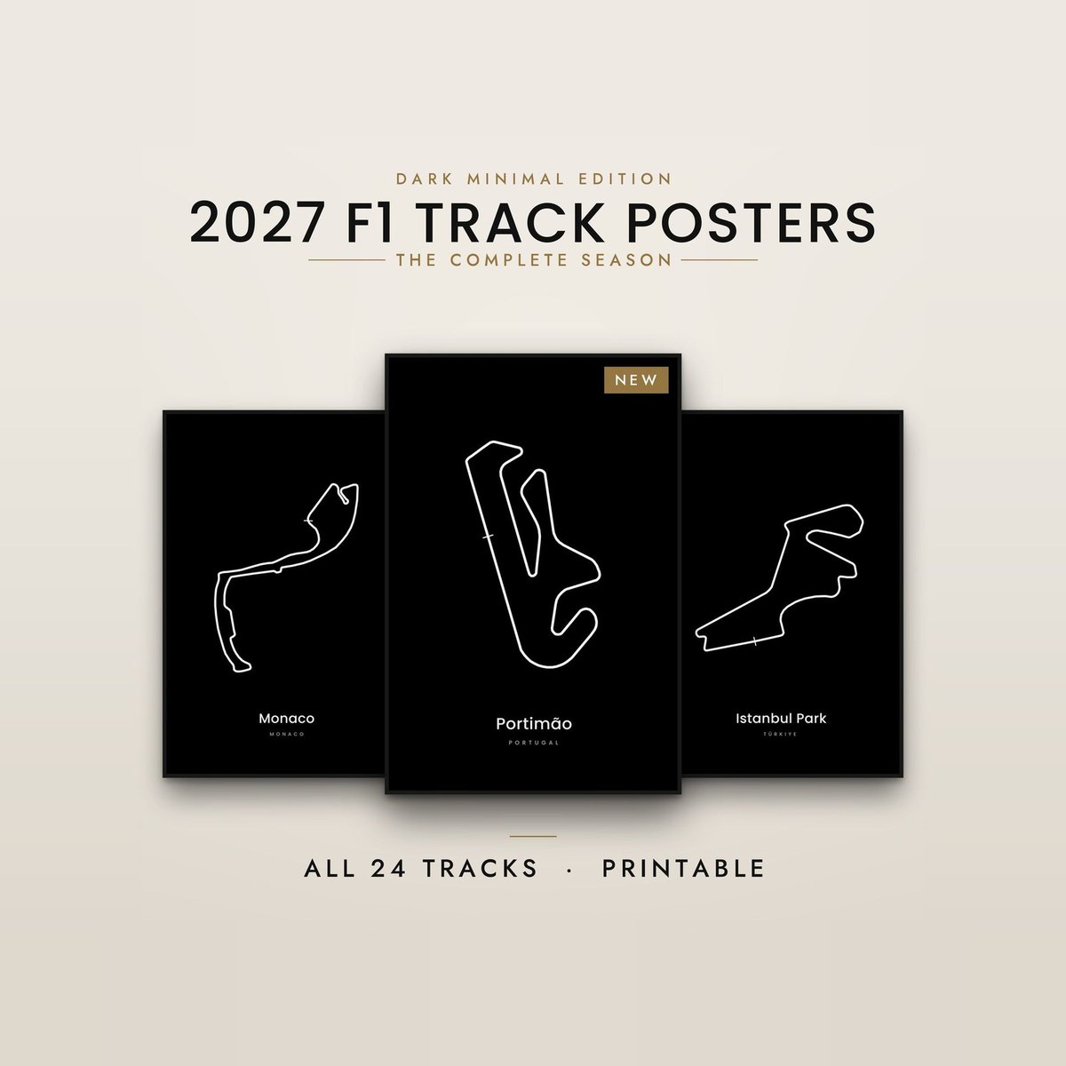 F1 track poster bundle 2027 black minimal 24 tracks Portimão Istanbul Park