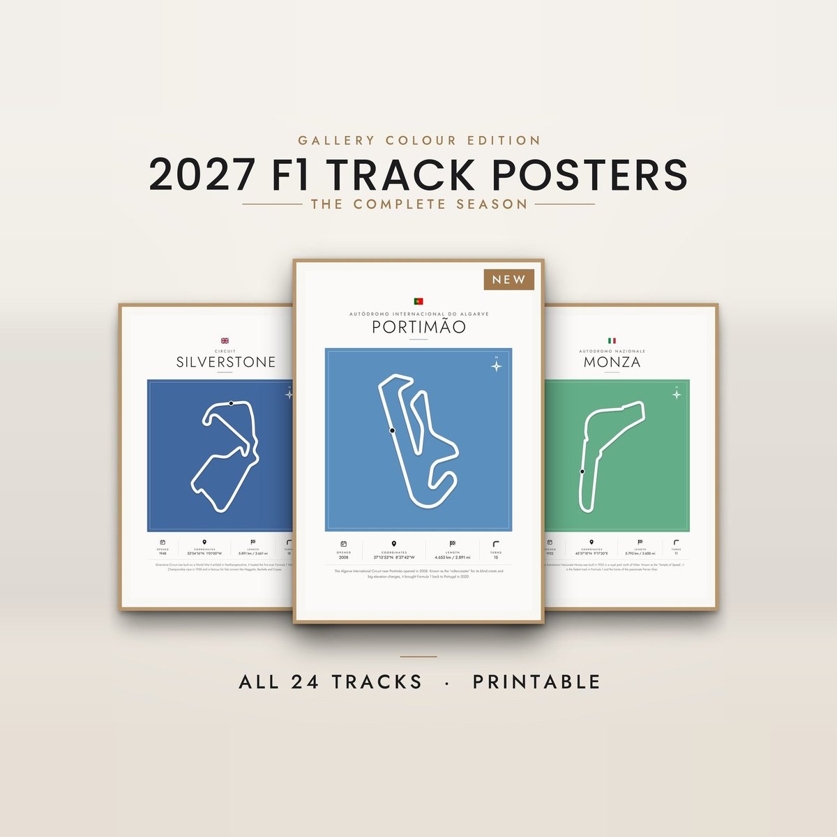 F1 track poster bundle 2027 colour block 24 tracks Portimão silverstone monza