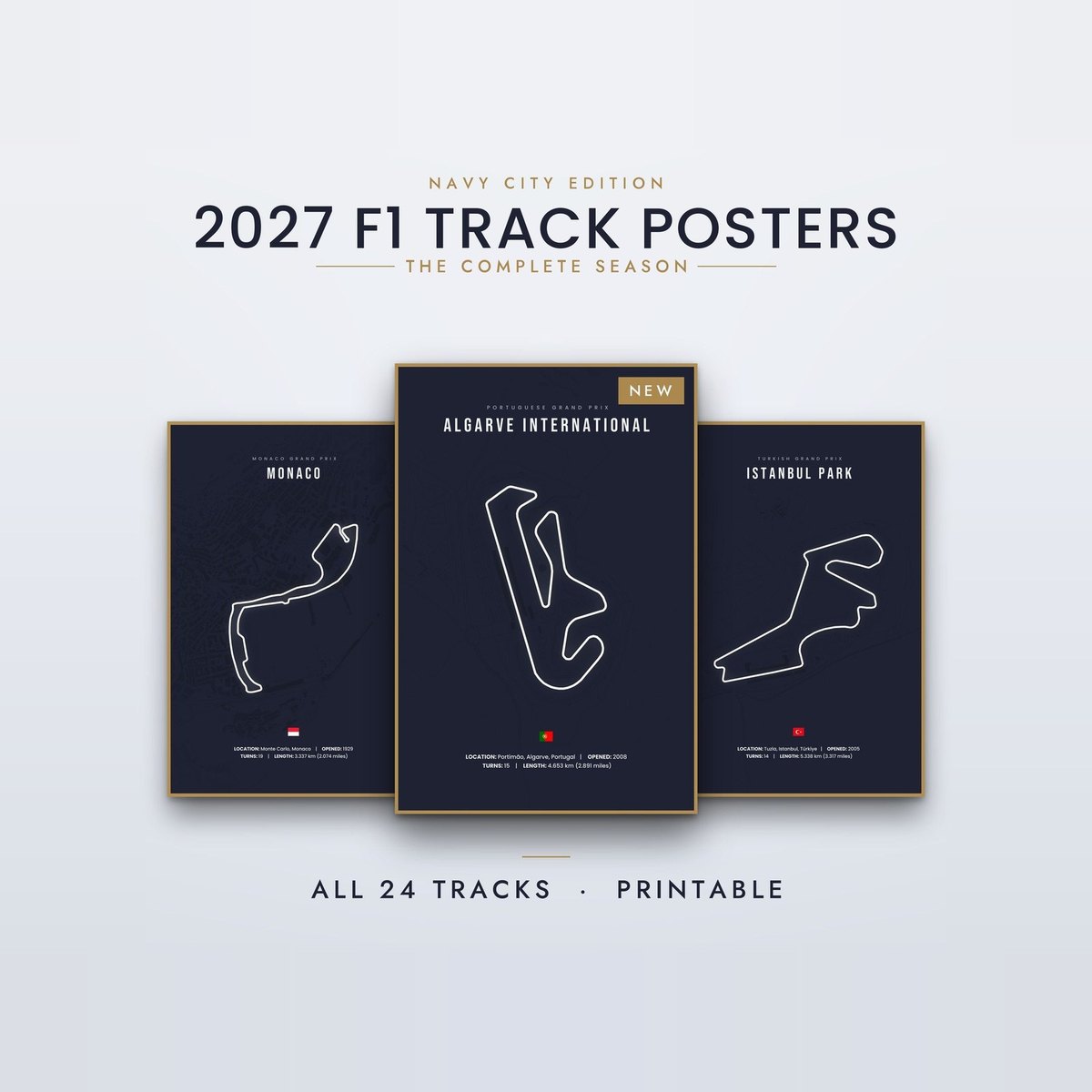 F1 track poster bundle 2027 navy blue 24 tracks Portimão Istanbul Park