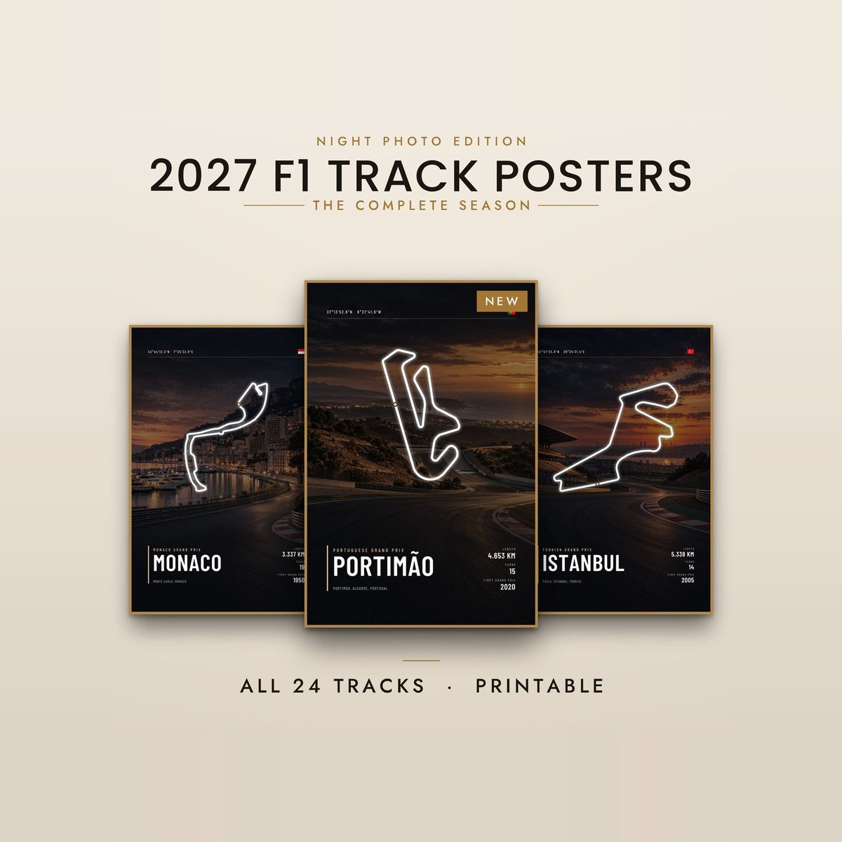 F1 track poster bundle 2027 night photo 24 tracks Portimão Istanbul Park