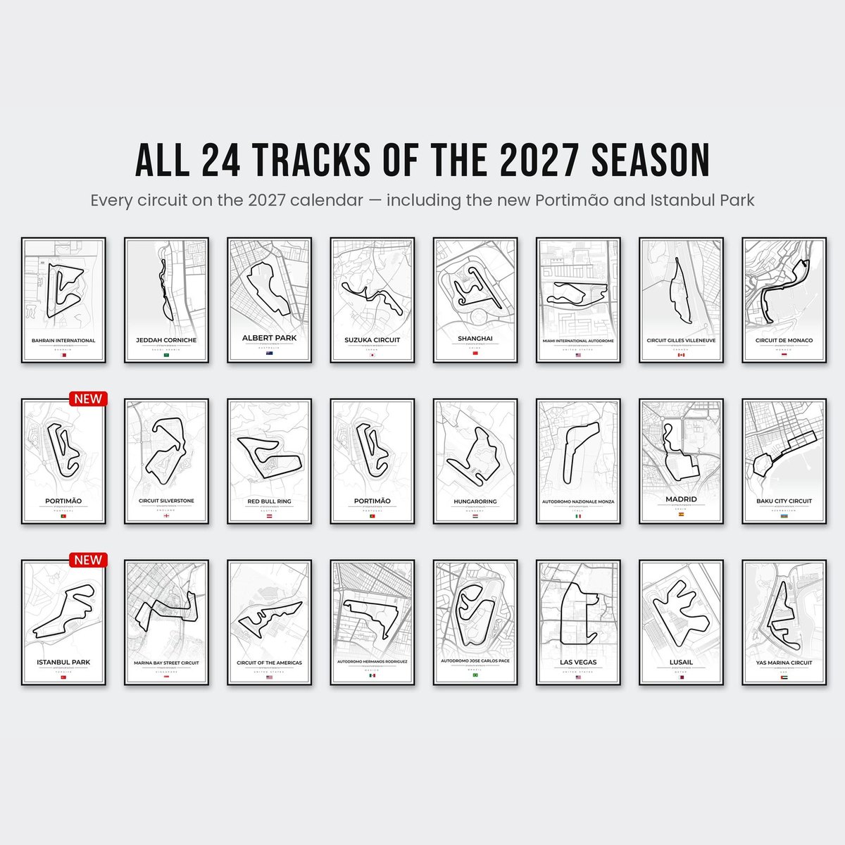 All 24 F1 tracks 2027 street map posters