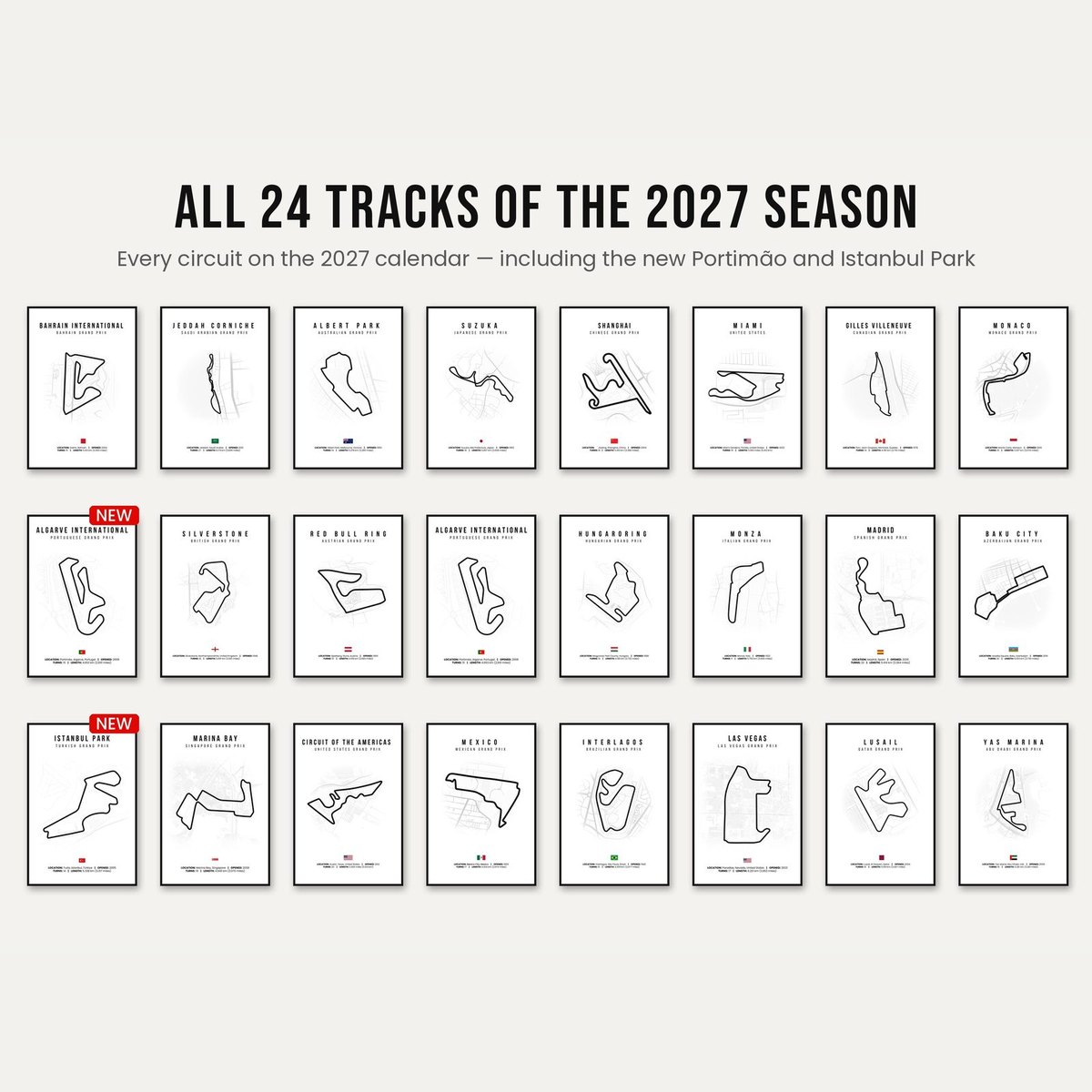 All 24 F1 tracks 2027 season minimalist white posters