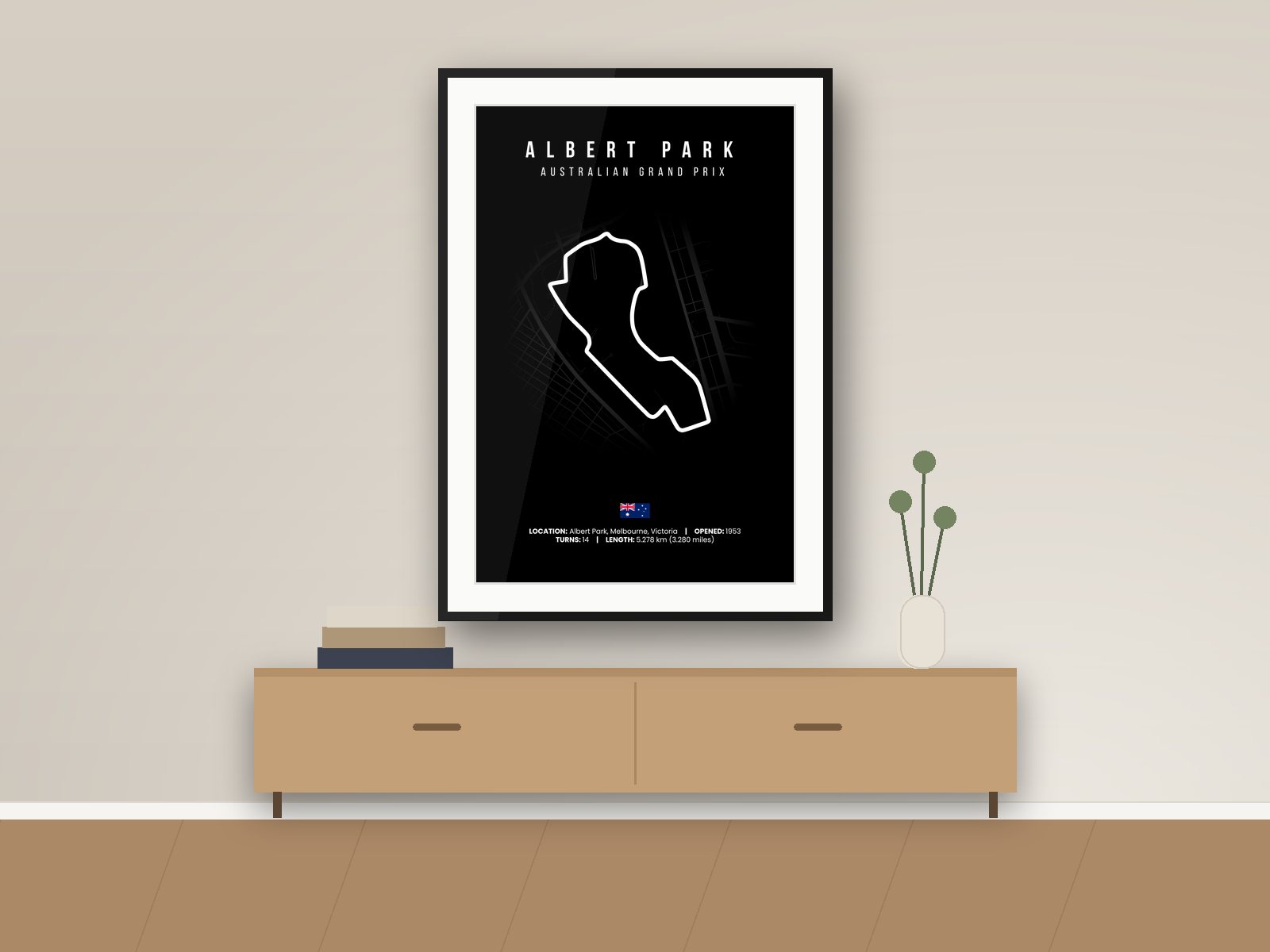 Albert Park circuit poster, Black Edition, framed on a wall