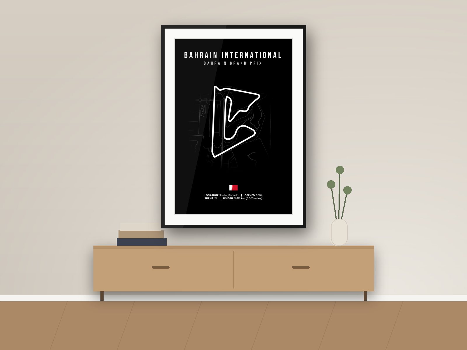 Bahrain International circuit poster, Black Edition, framed on a wall