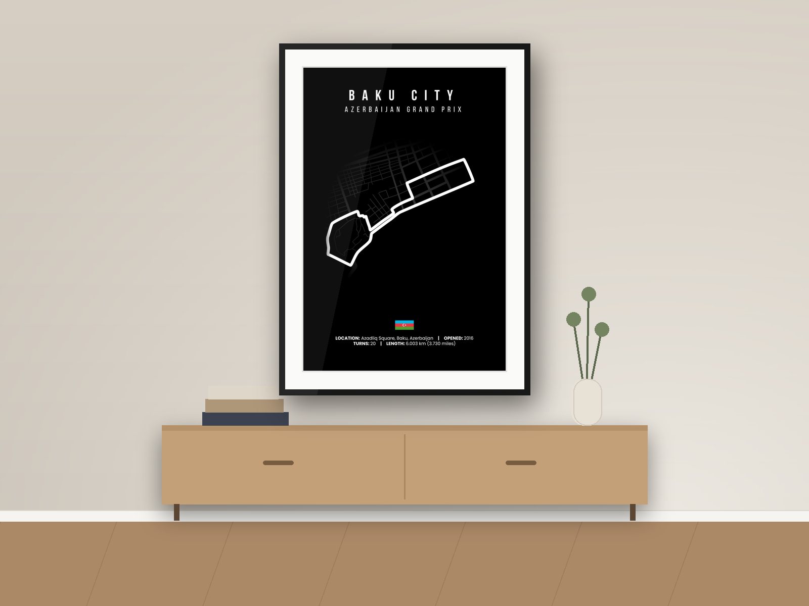 Baku City circuit poster, Black Edition, framed on a wall