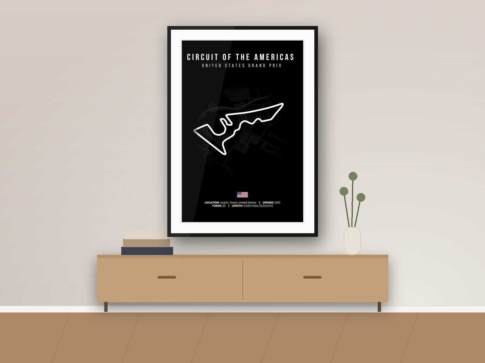 Circuit of the Americas circuit poster, Black Edition, framed on a wall