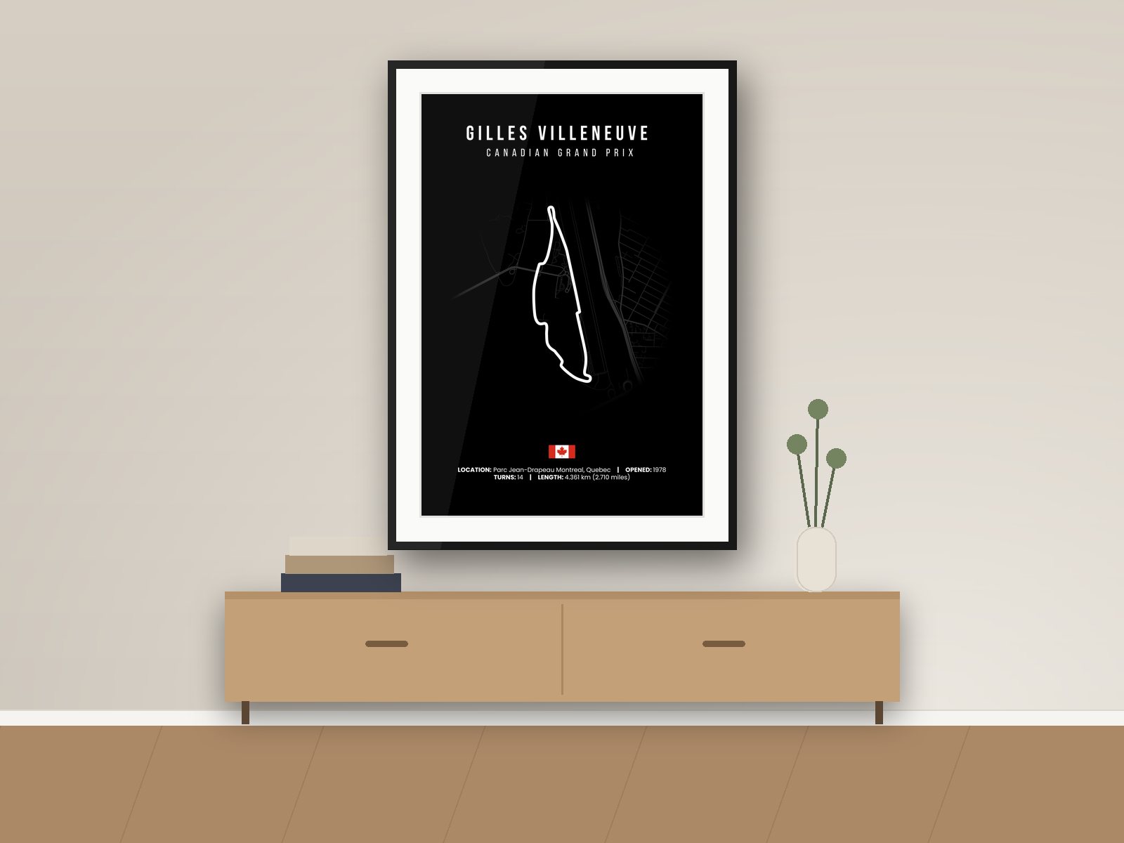 Gilles Villeneuve circuit poster, Black Edition, framed on a wall