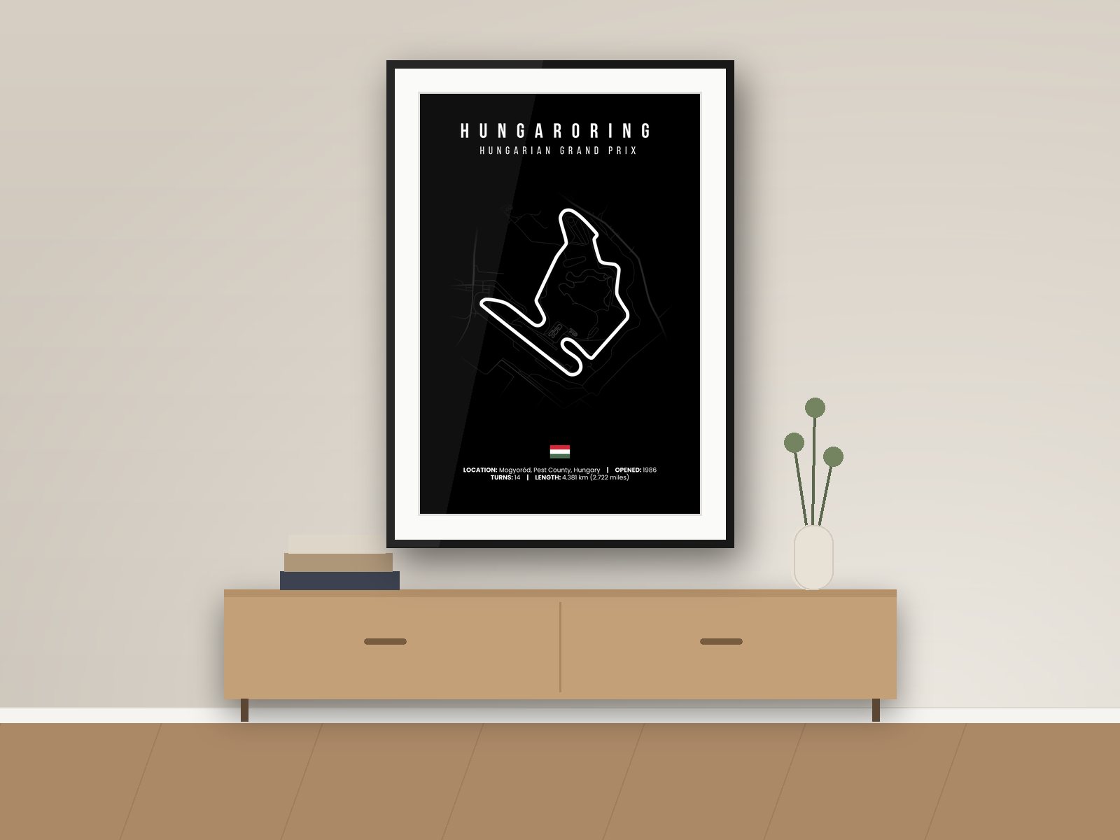 Hungaroring circuit poster, Black Edition, framed on a wall