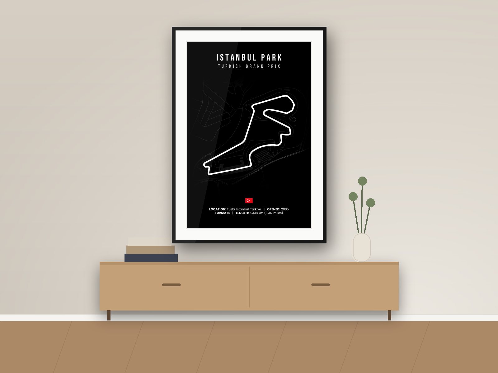 Istanbul Park circuit poster, Black Edition, framed on a wall