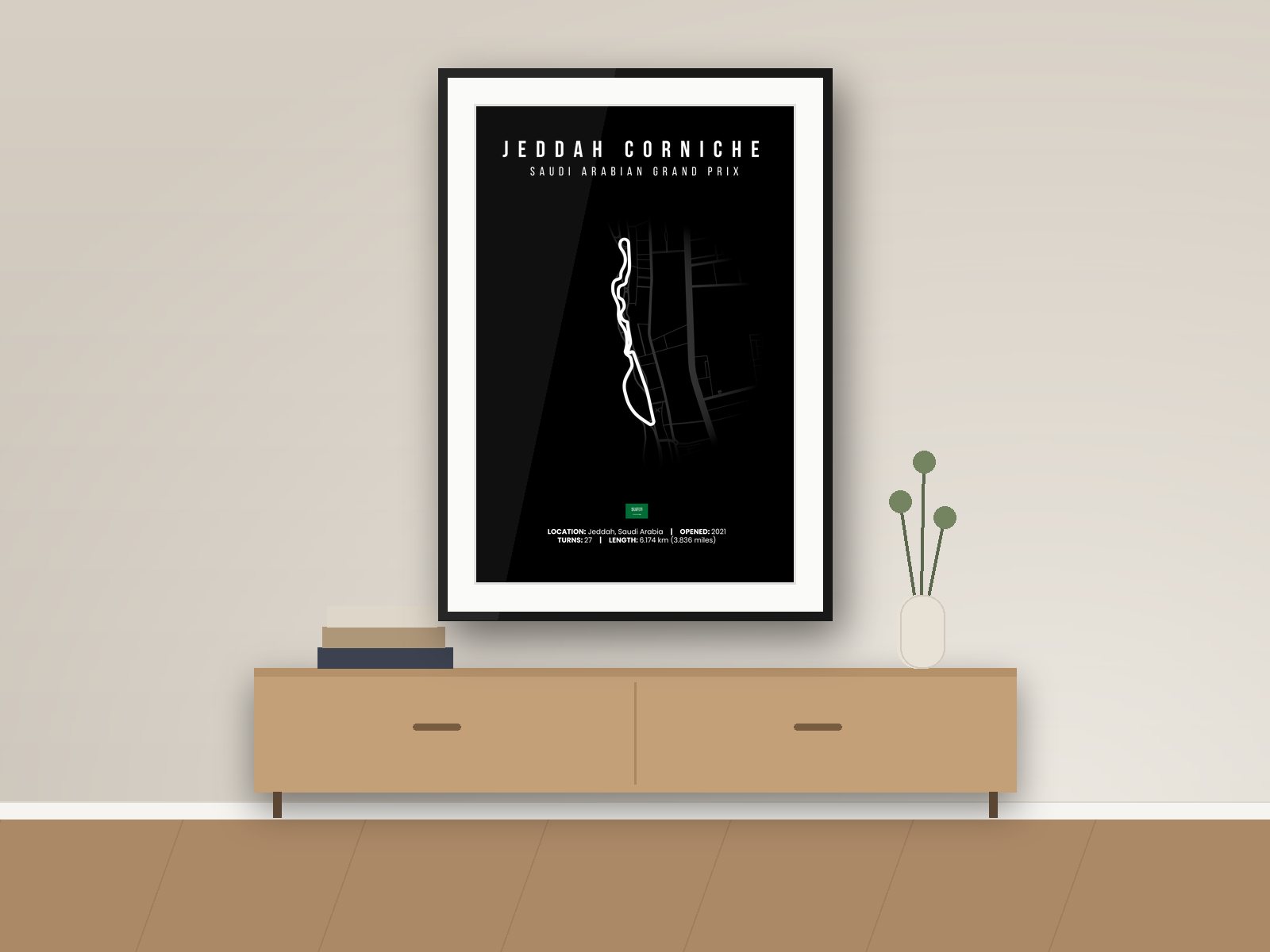 Jeddah Corniche circuit poster, Black Edition, framed on a wall