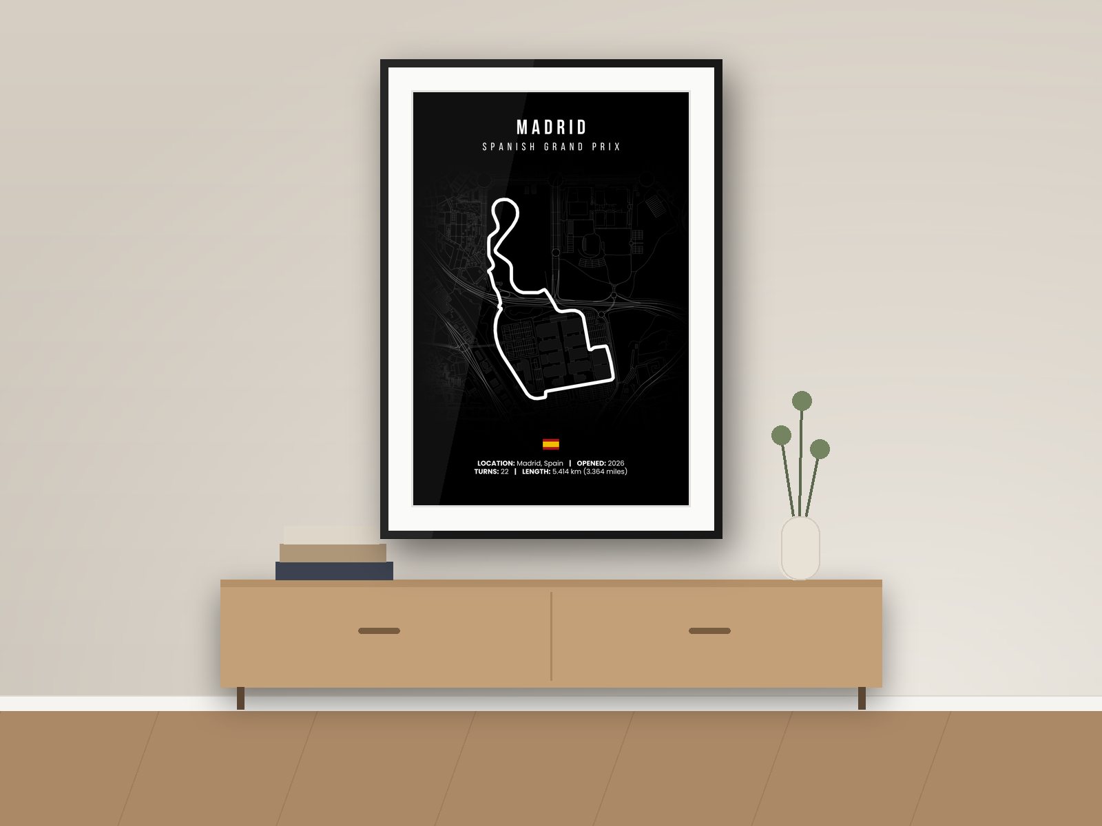 Madrid circuit poster, Black Edition, framed on a wall
