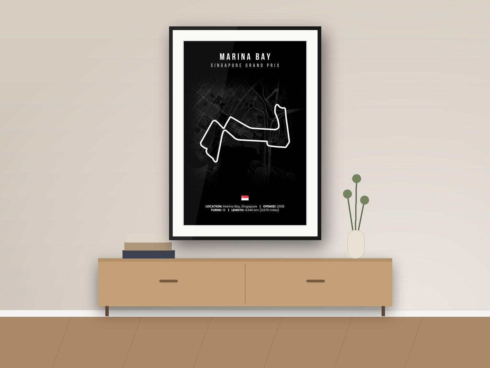 Marina Bay circuit poster, Black Edition, framed on a wall