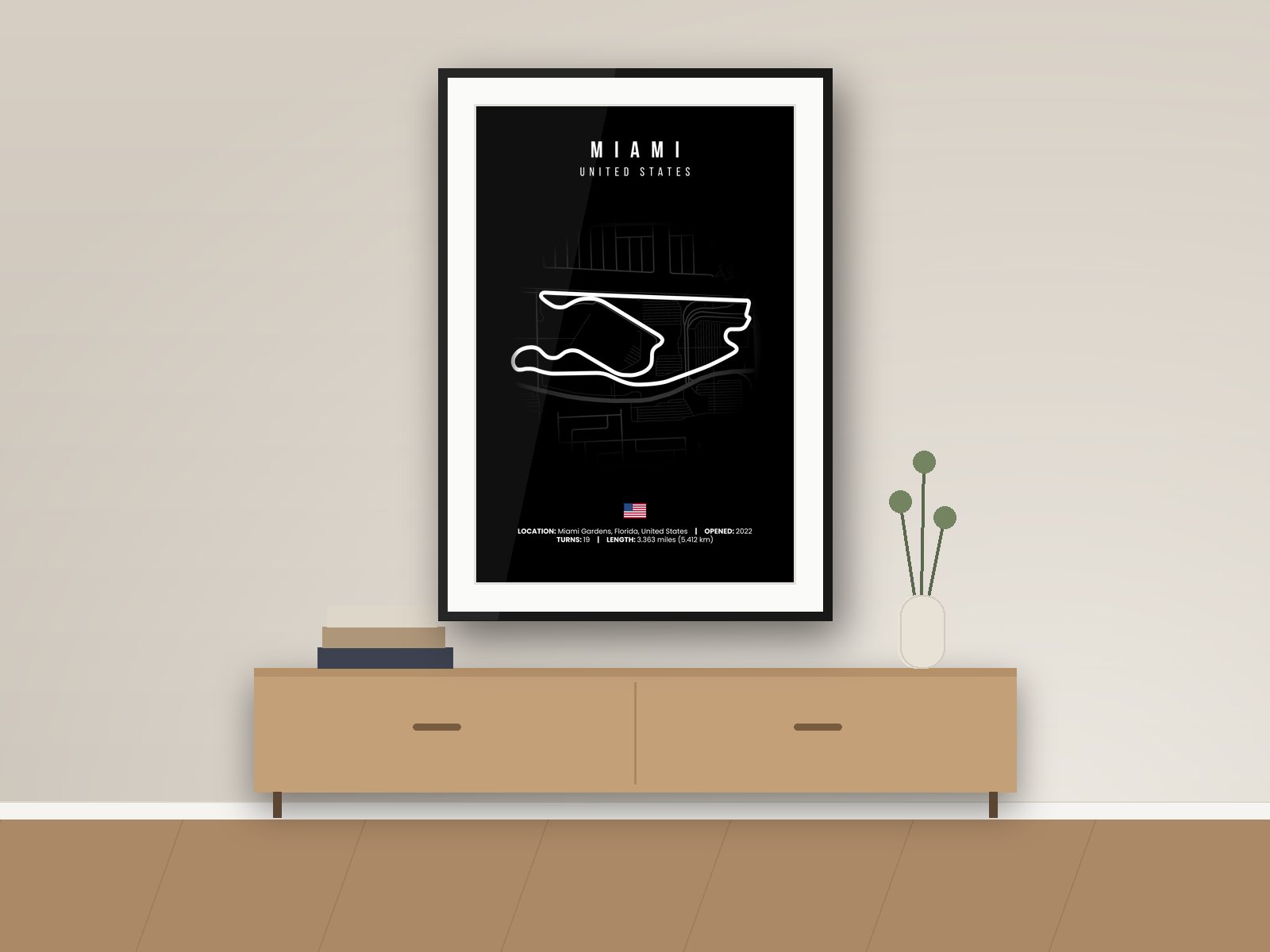 Miami circuit poster, Black Edition, framed on a wall