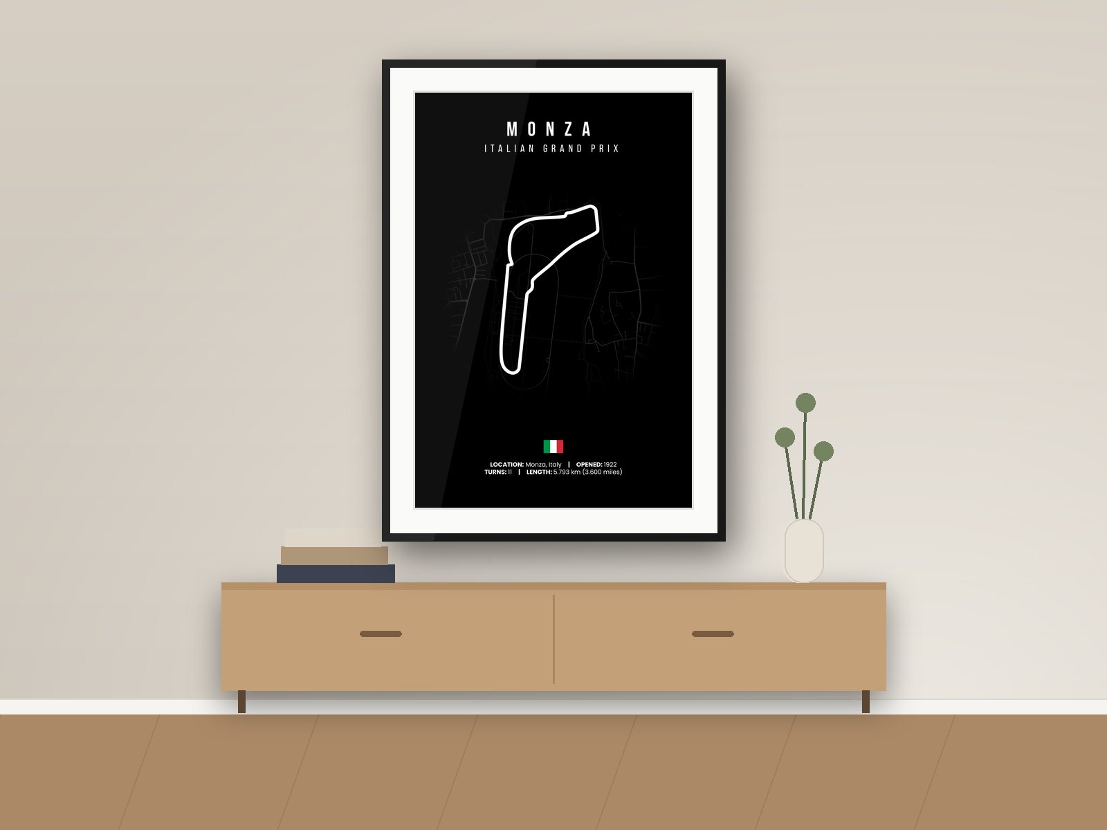 Monza circuit poster, Black Edition, framed on a wall