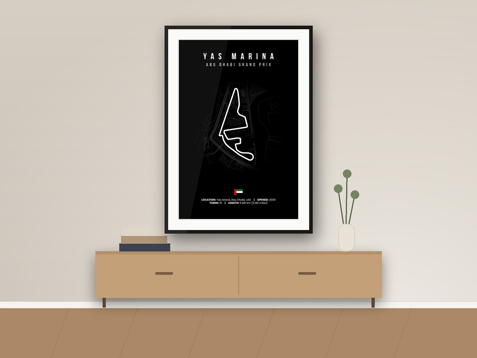 Yas Marina circuit poster, Black Edition, framed on a wall
