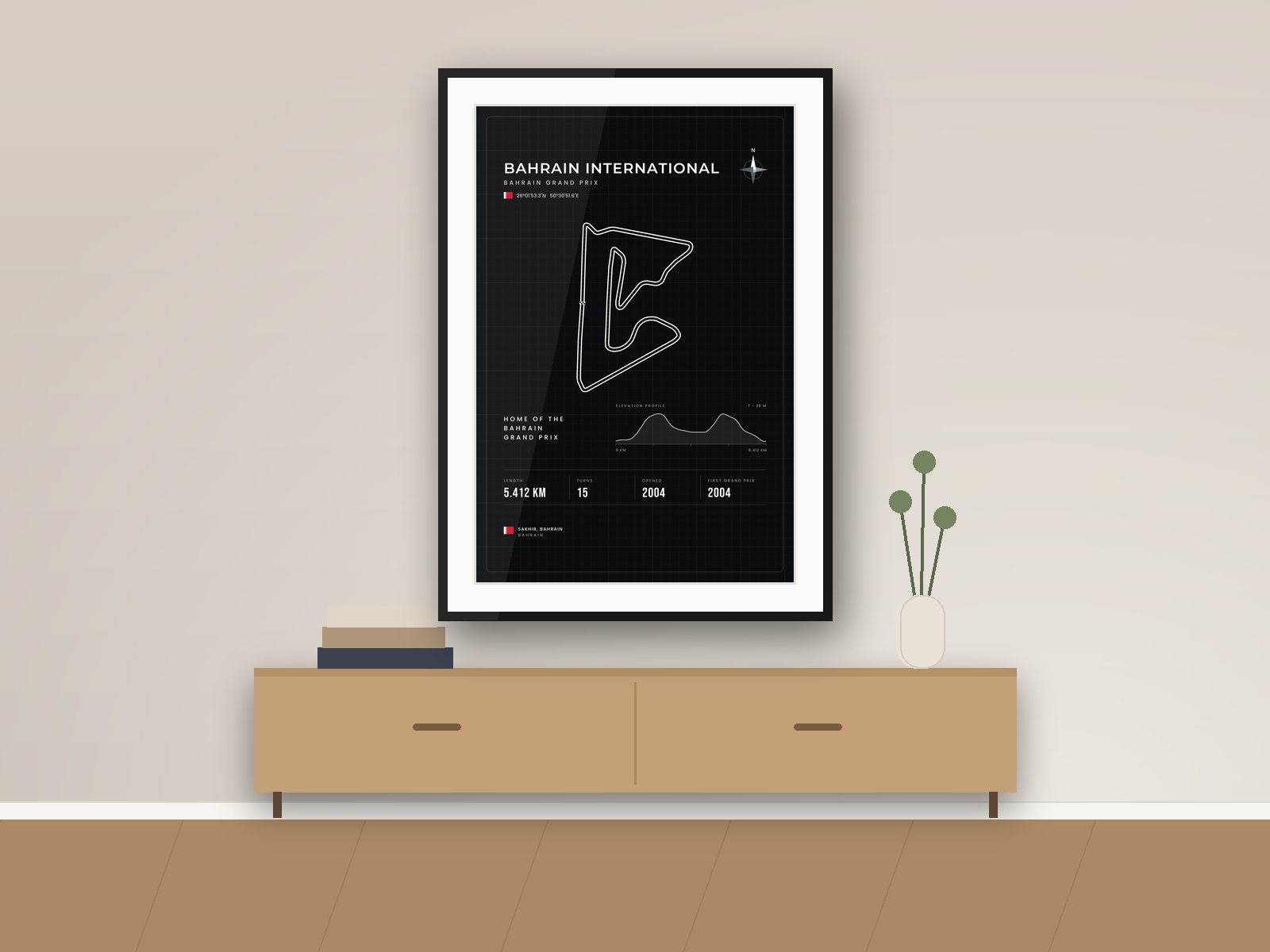 Bahrain International circuit poster, Blueprint Edition, framed on a wall