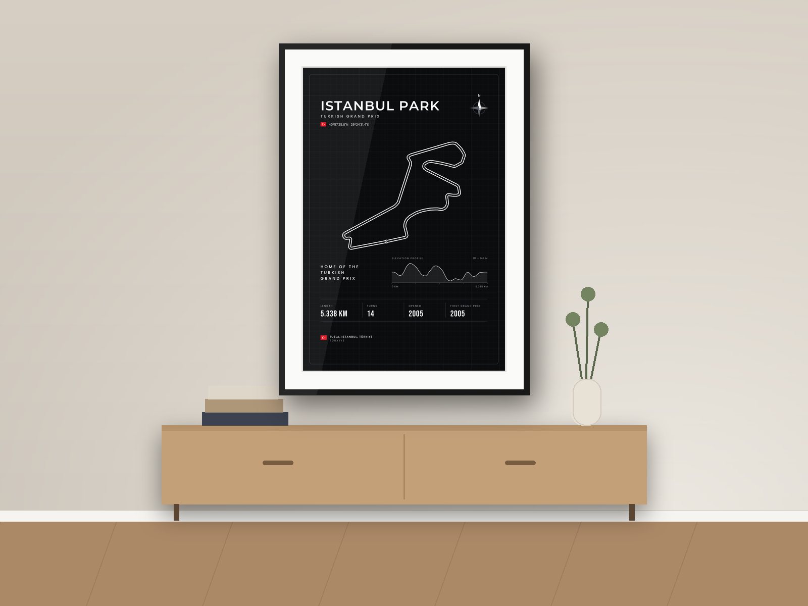 Istanbul Park circuit poster, Blueprint Edition, framed on a wall