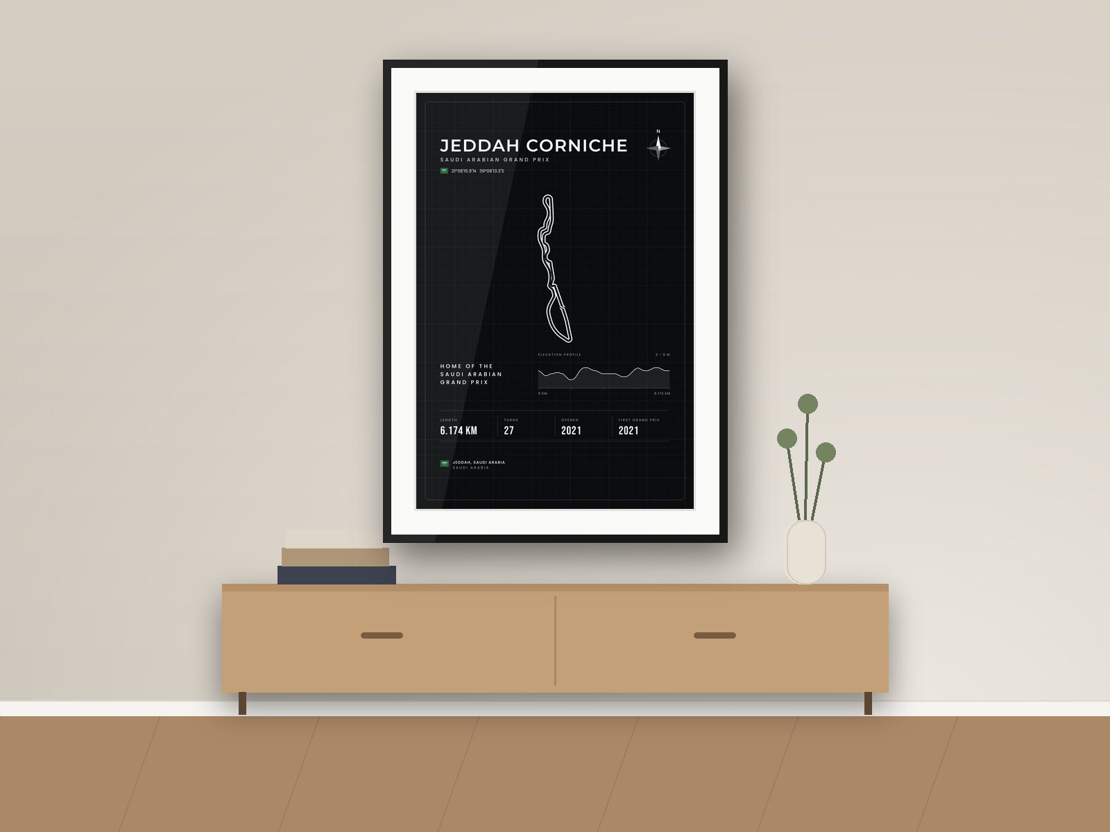 Jeddah Corniche circuit poster, Blueprint Edition, framed on a wall