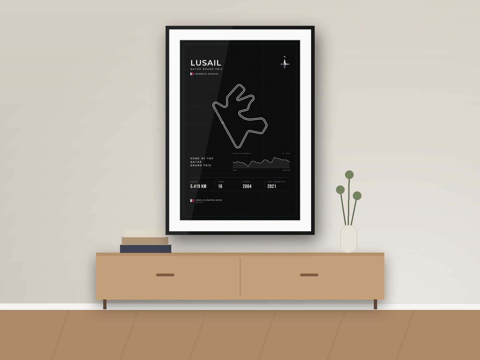 Lusail circuit poster, Blueprint Edition, framed on a wall