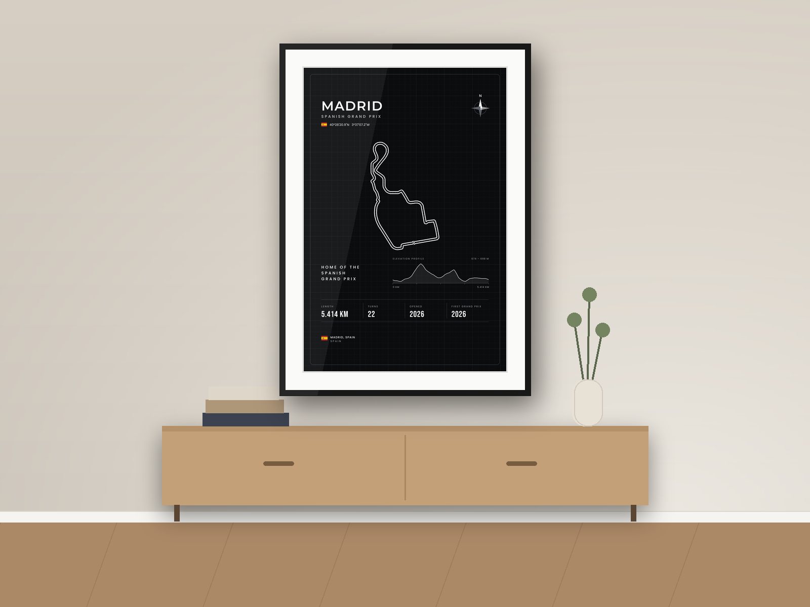 Madrid circuit poster, Blueprint Edition, framed on a wall