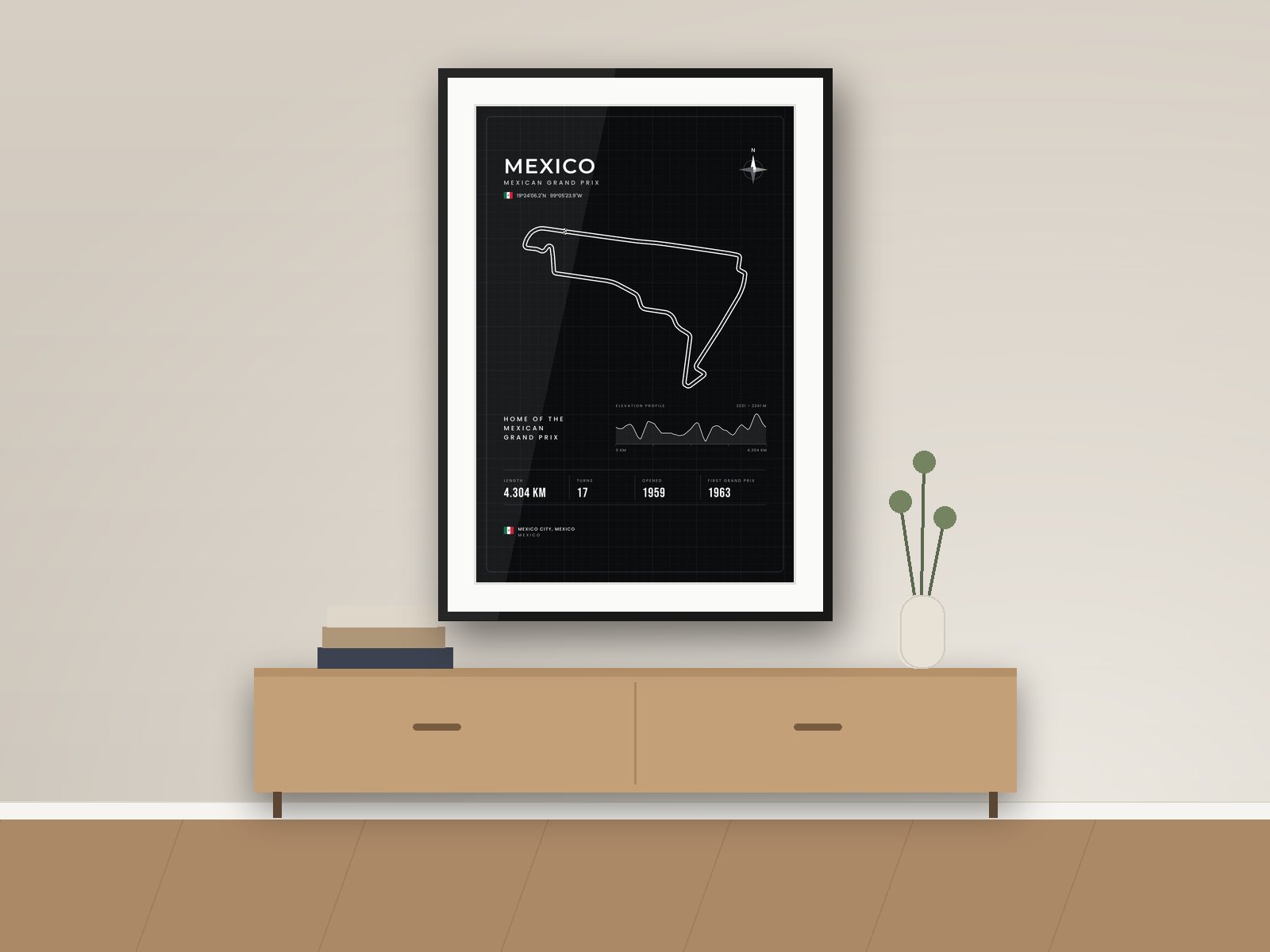 Mexico City circuit poster, Blueprint Edition, framed on a wall