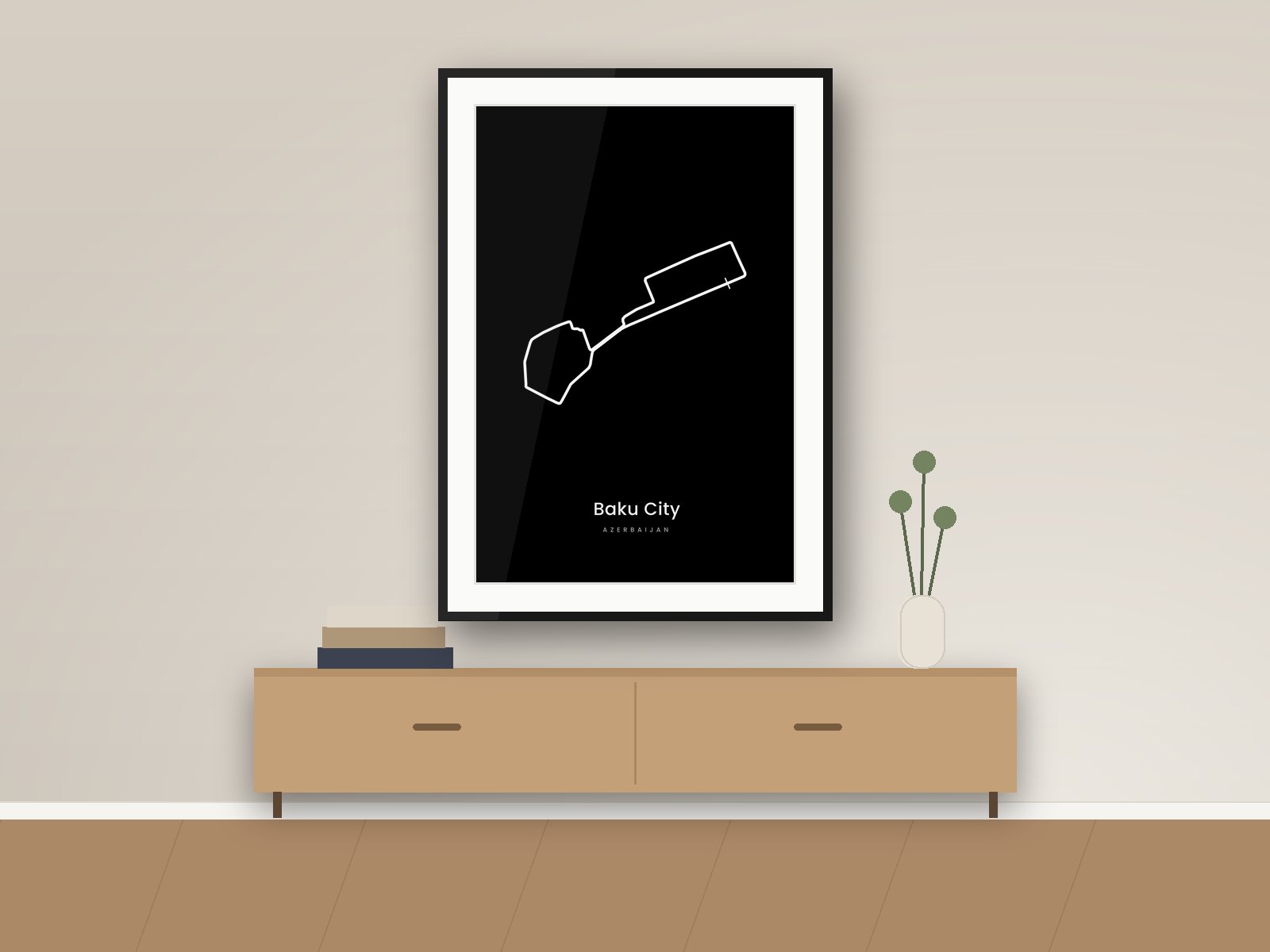 Baku City circuit poster, Dark Minimal Edition, framed on a wall