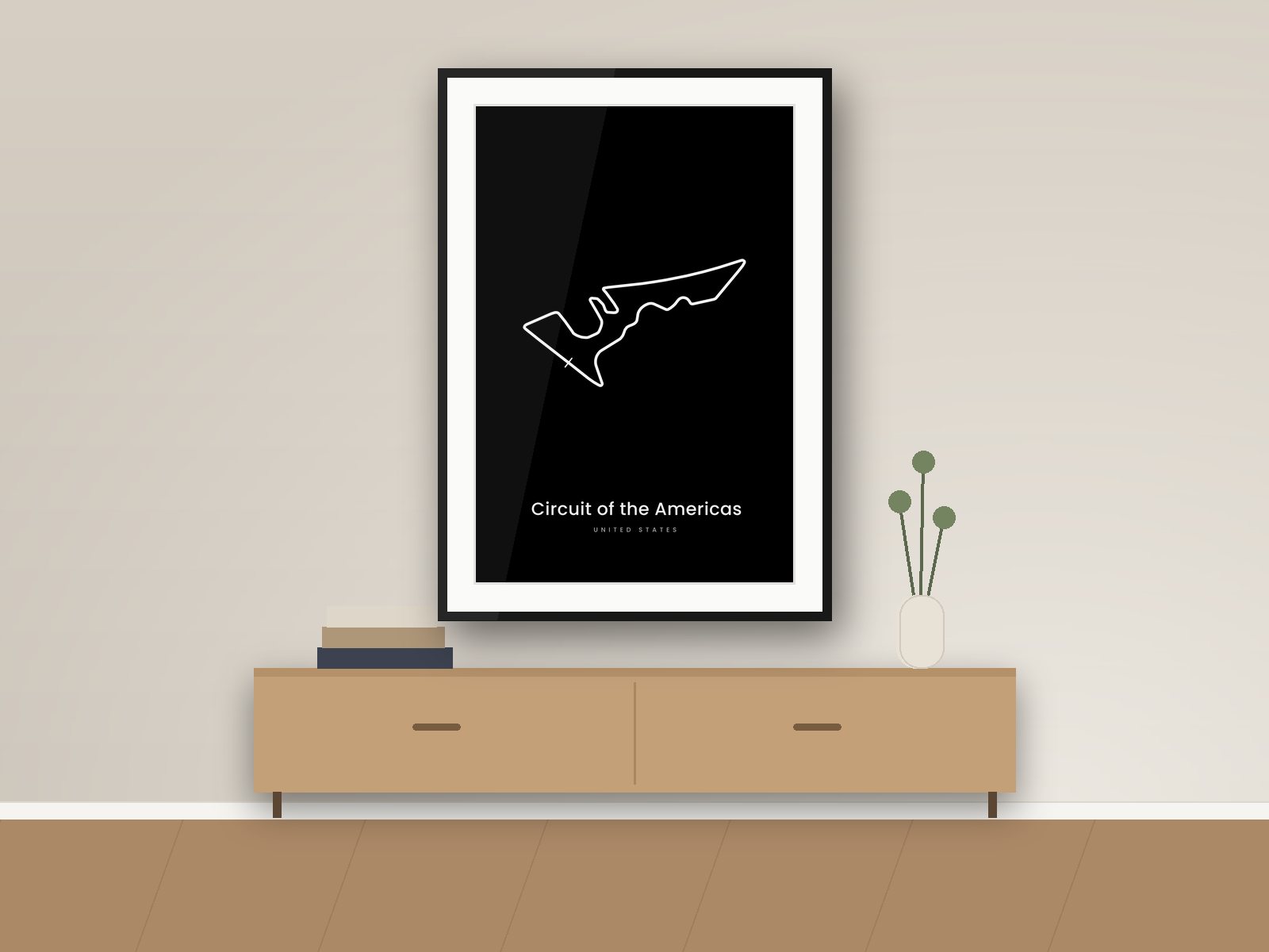 Circuit of the Americas circuit poster, Dark Minimal Edition, framed on a wall