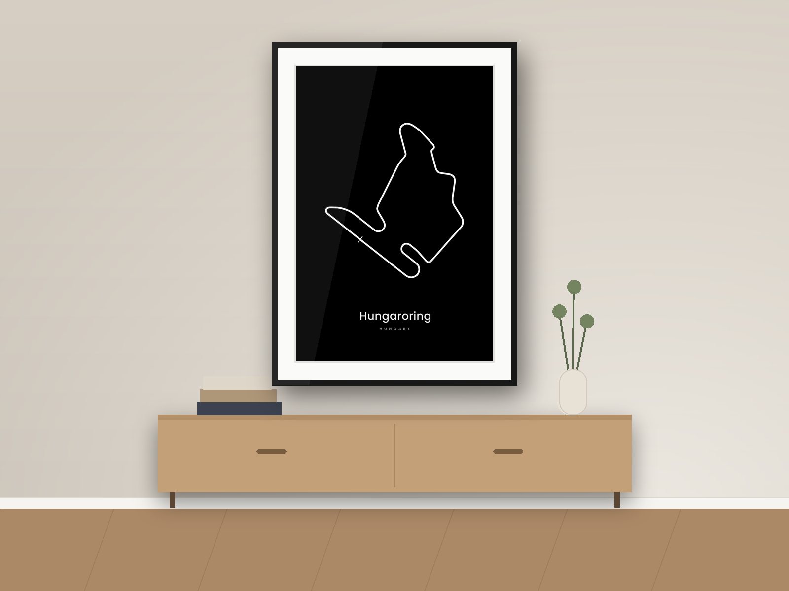 Hungaroring circuit poster, Dark Minimal Edition, framed on a wall