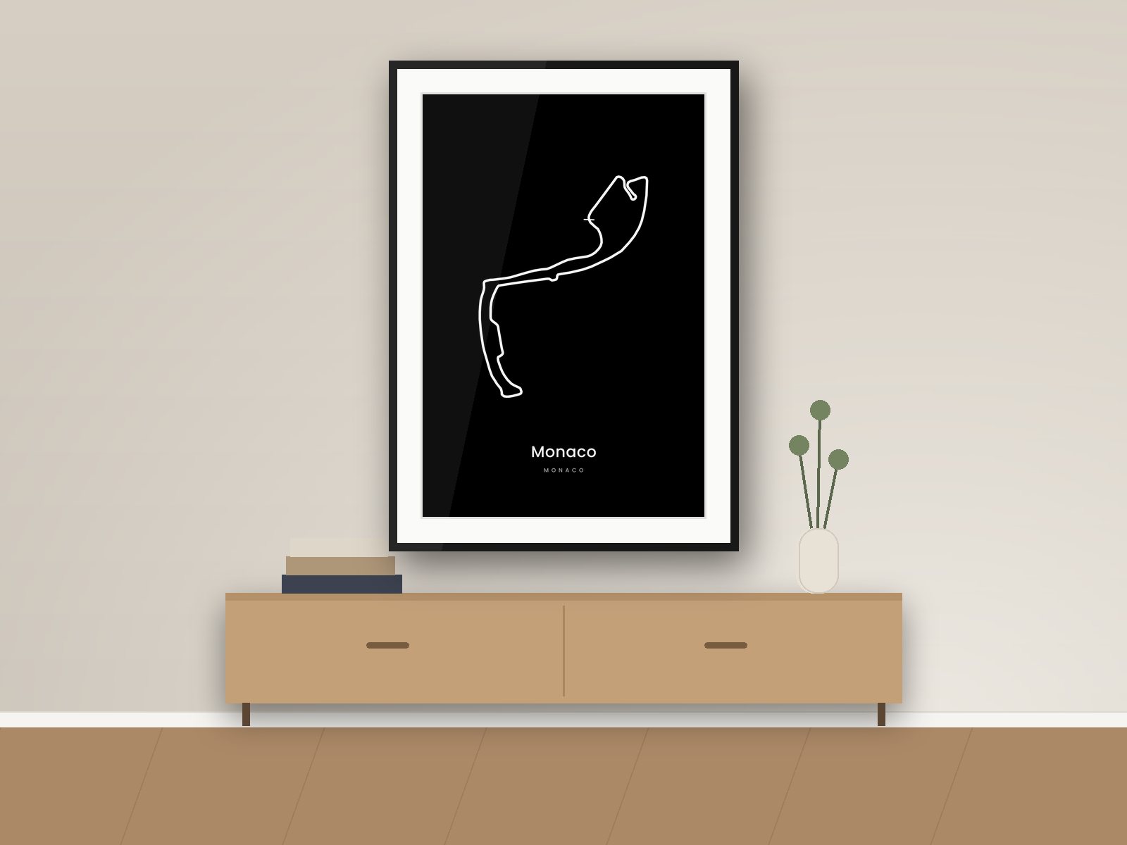 Monaco circuit poster, Dark Minimal Edition, framed on a wall