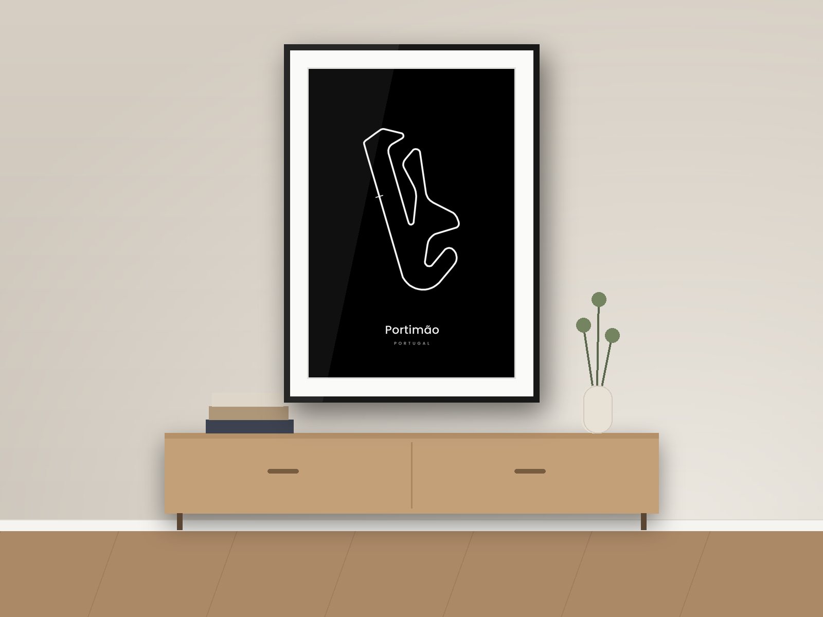 Portimão circuit poster, Dark Minimal Edition, framed on a wall