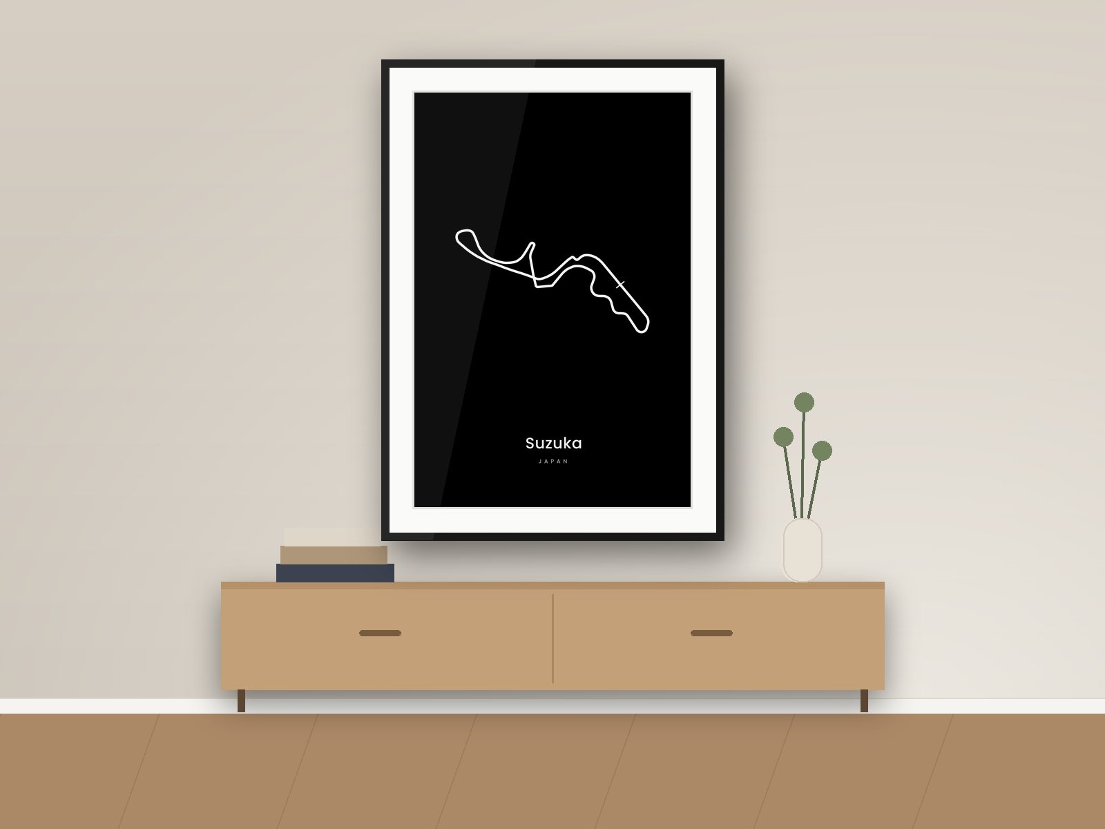 Suzuka circuit poster, Dark Minimal Edition, framed on a wall