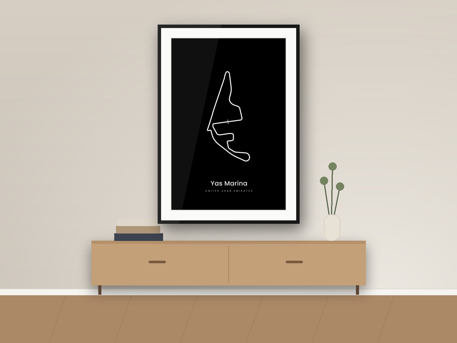 Yas Marina circuit poster, Dark Minimal Edition, framed on a wall