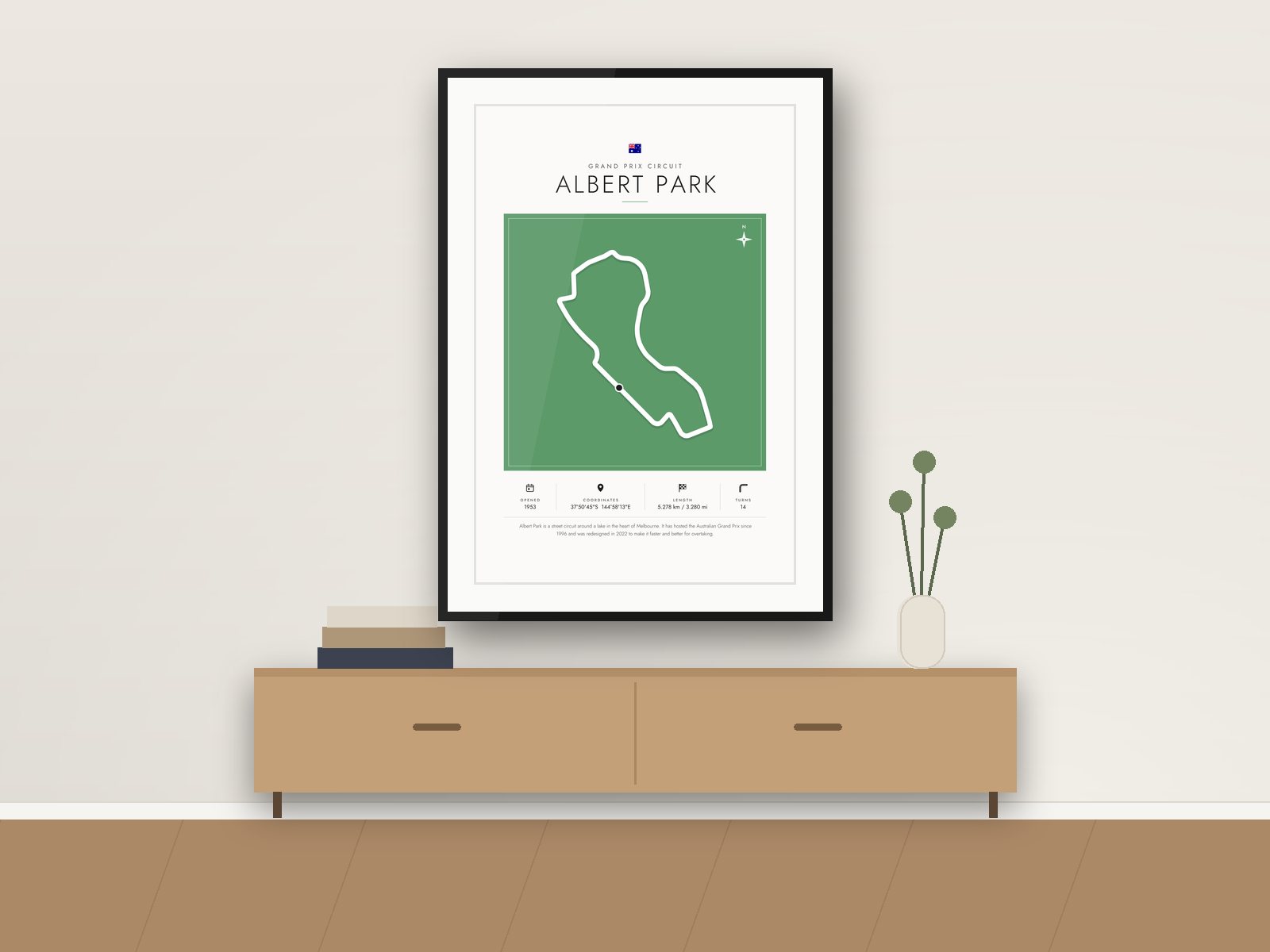 Albert Park circuit poster, Gallery Colour Edition, framed on a wall