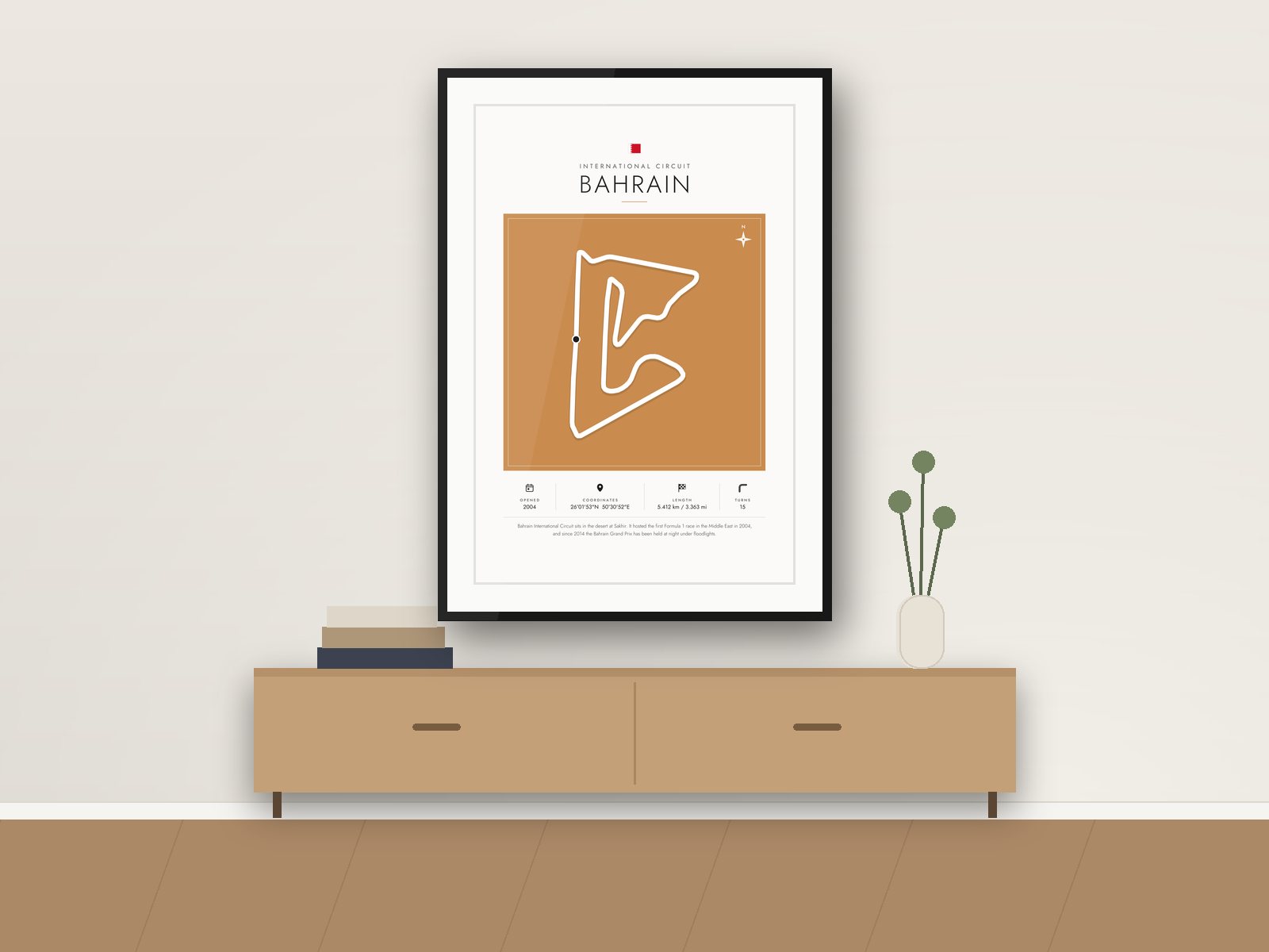 Bahrain International circuit poster, Gallery Colour Edition, framed on a wall