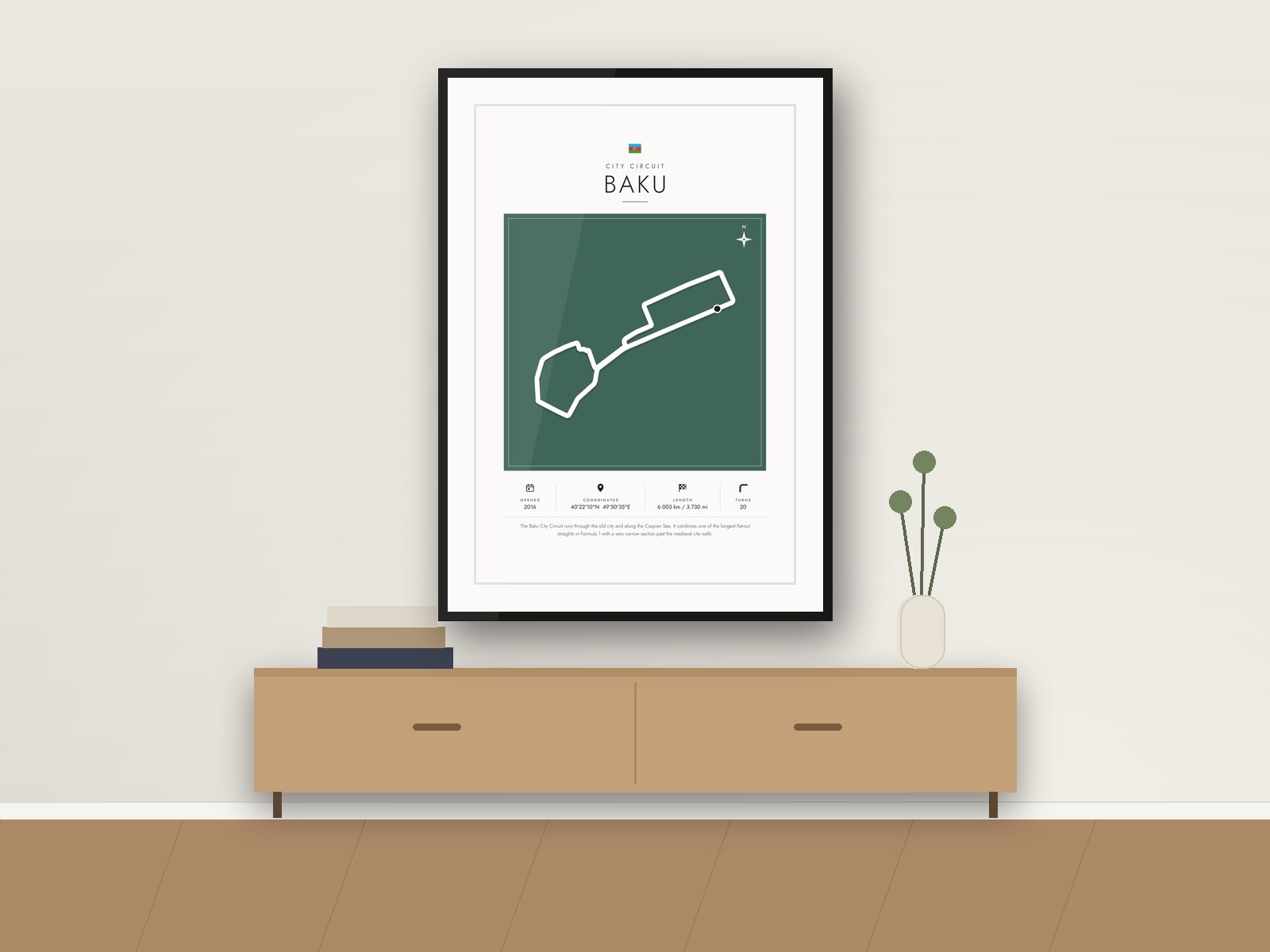 Baku City circuit poster, Gallery Colour Edition, framed on a wall